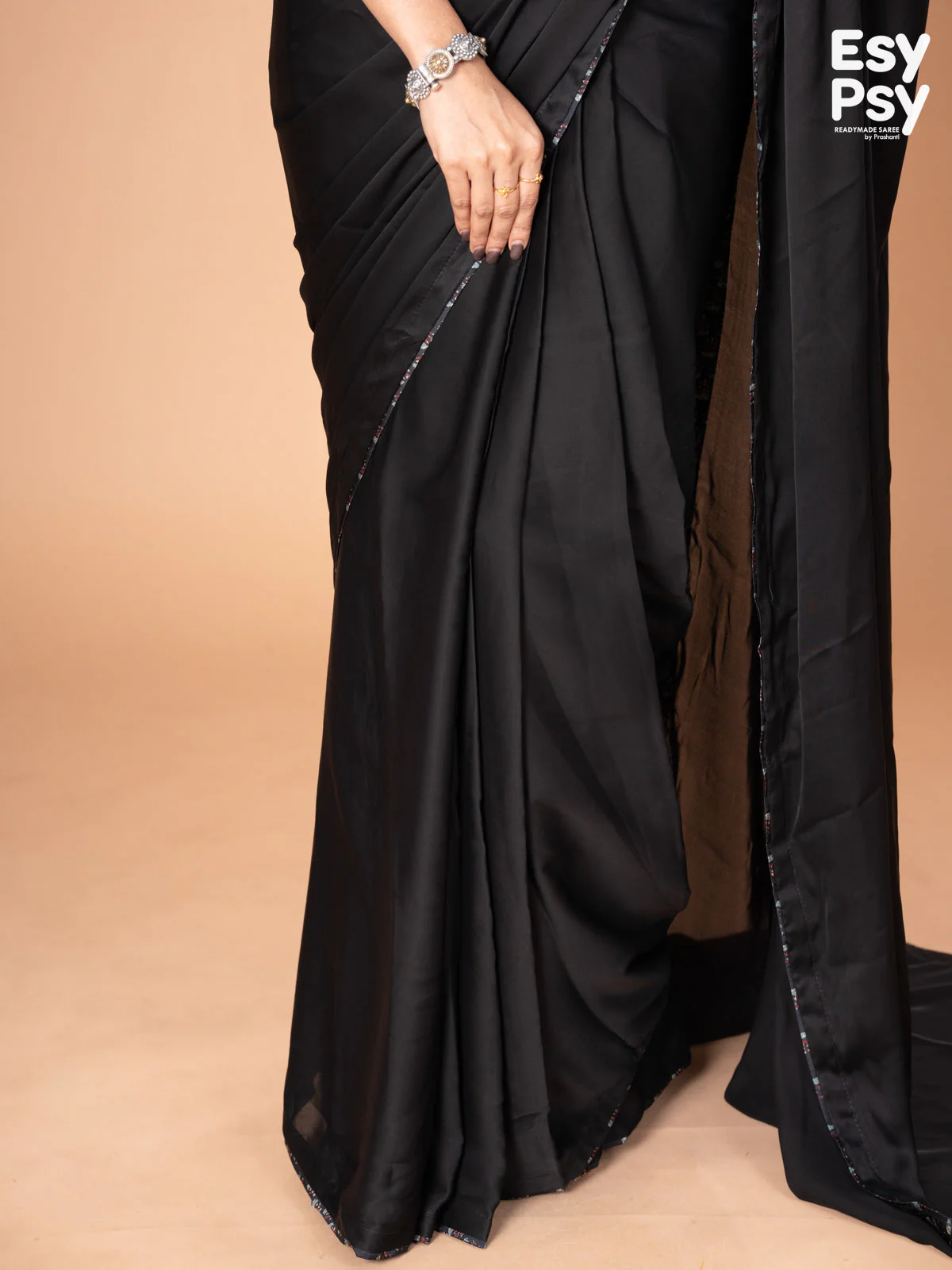 Black Satin Crepe readymade saree with readymade ajrakh printed blouse - Image 4