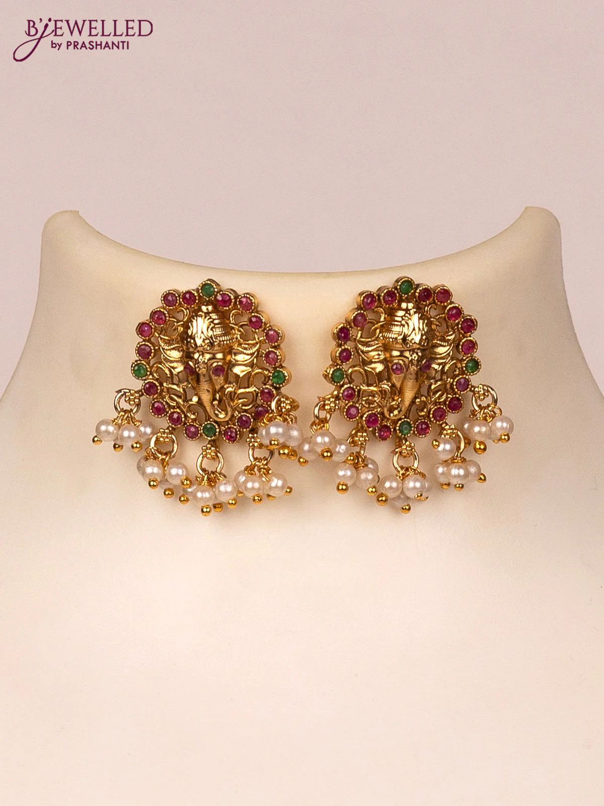 Black thread necklace ganesha design with kemp stones and pearl hangings - Image 2