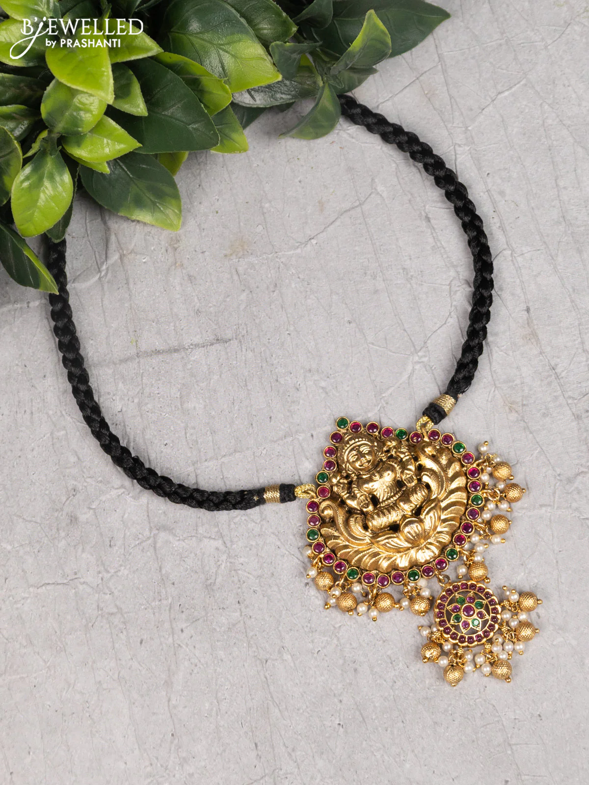 Black thread necklace lakshmi design with kemp & cz stones and golden beads hanging without earrings