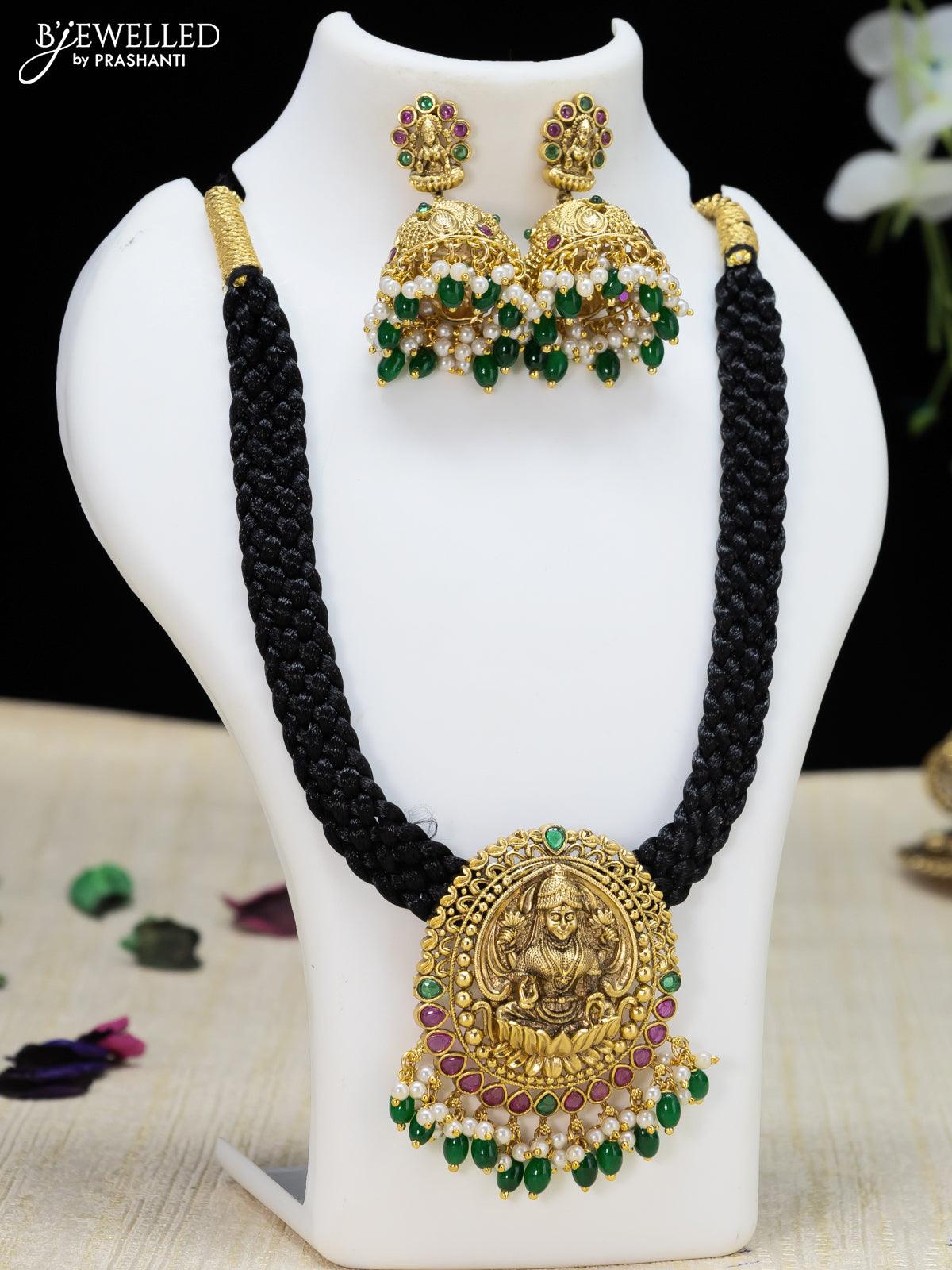 Black thread necklace lakshmi design with kemp stone and green beads hanging