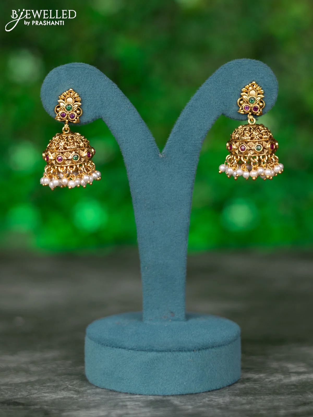Black thread necklace lakshmi design with kemp stones and pearl hangings - Image 2
