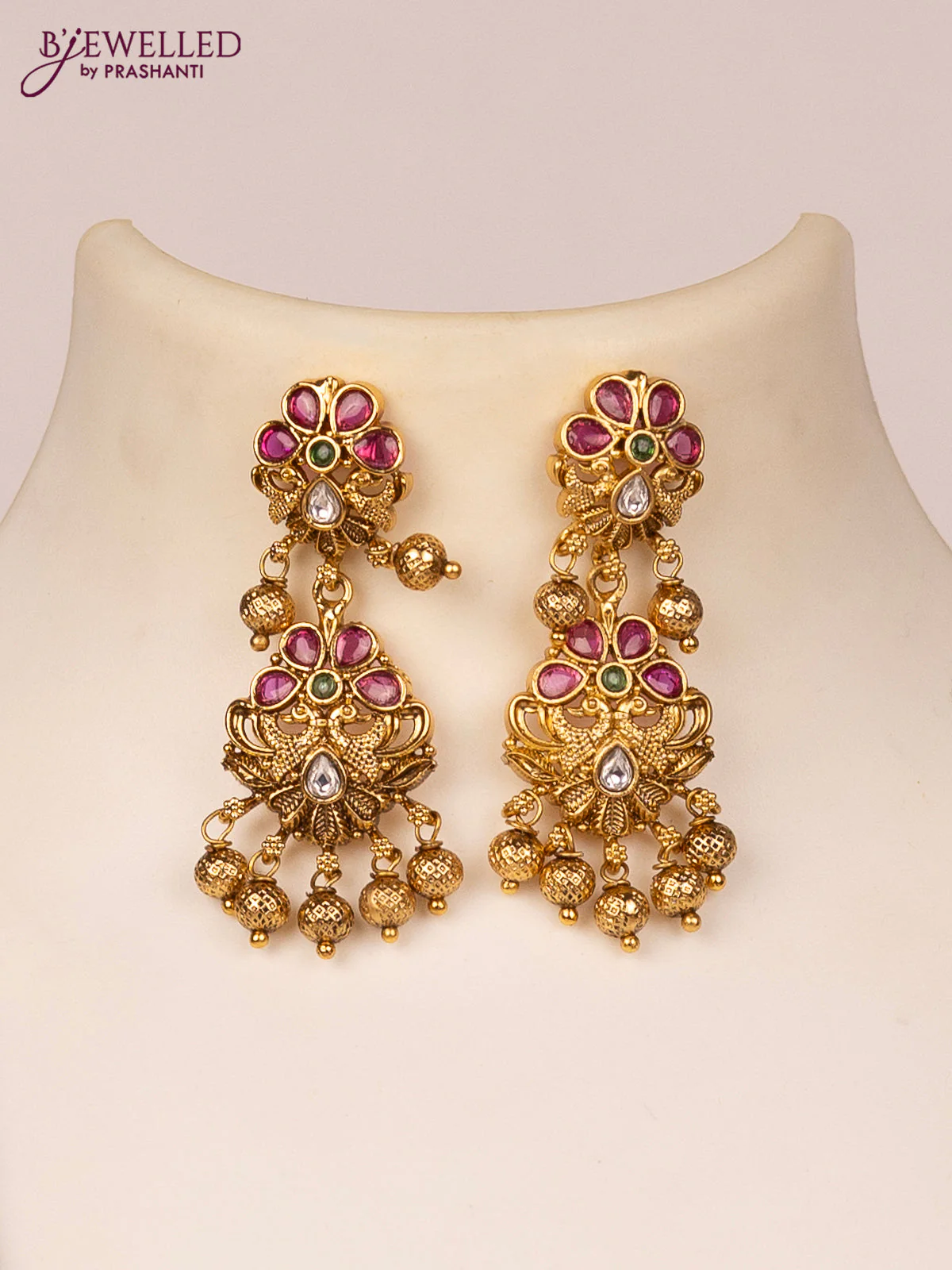 Black thread necklace peacock design with kemp & kundan stones and golden beads hangings - Image 2