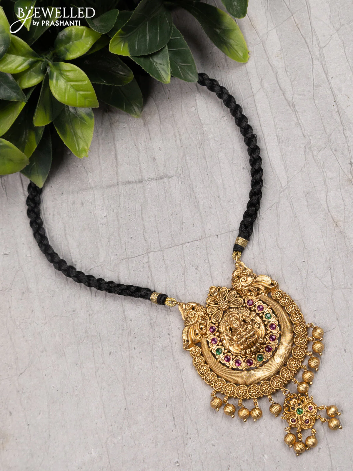 Black thread necklace with lakshmi pendant kemp stone and golden beads hangings without earrings