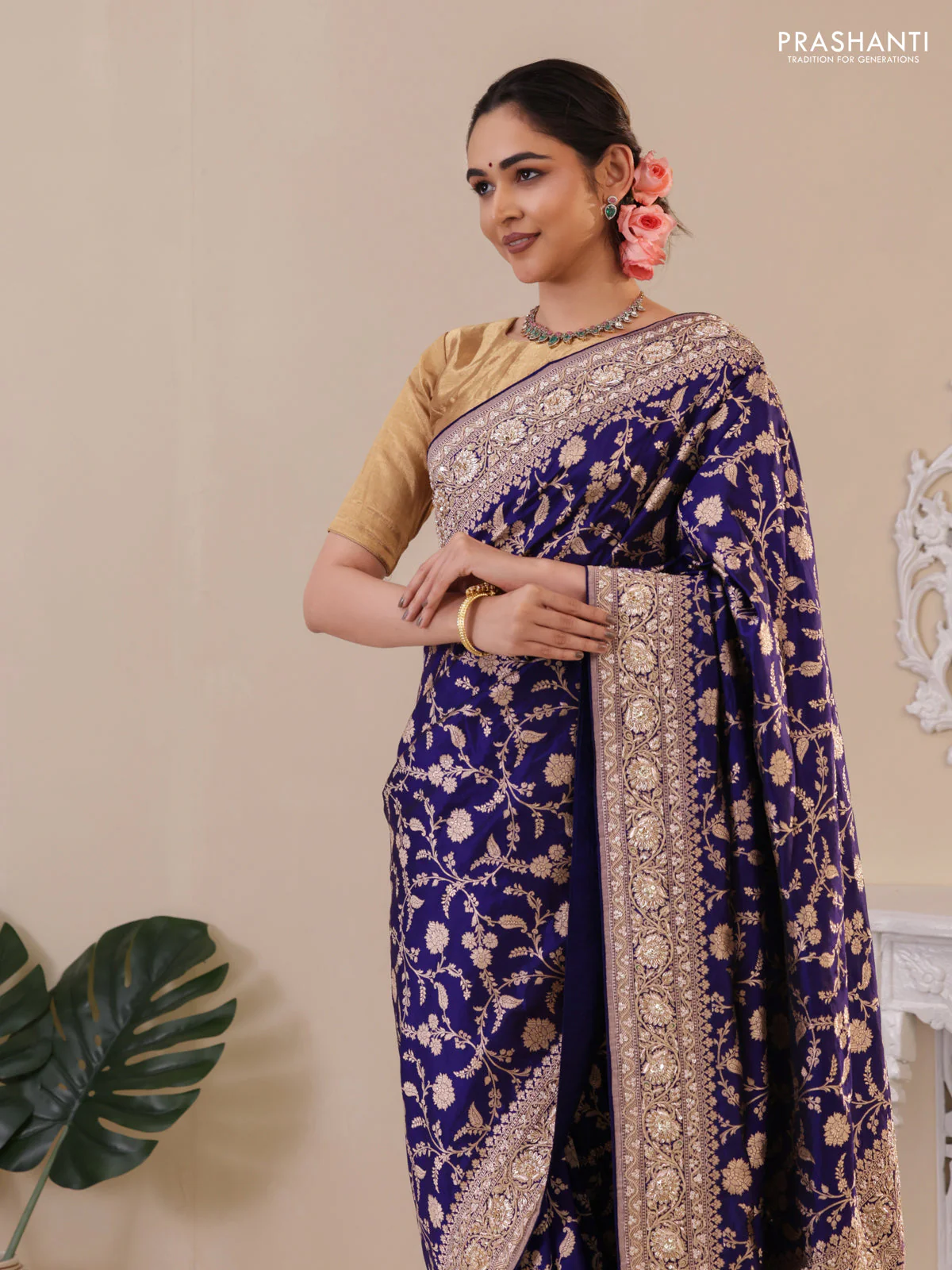 Blue Banarasi Uppada silk saree with allover zari weaves & embroidery border - Image 2