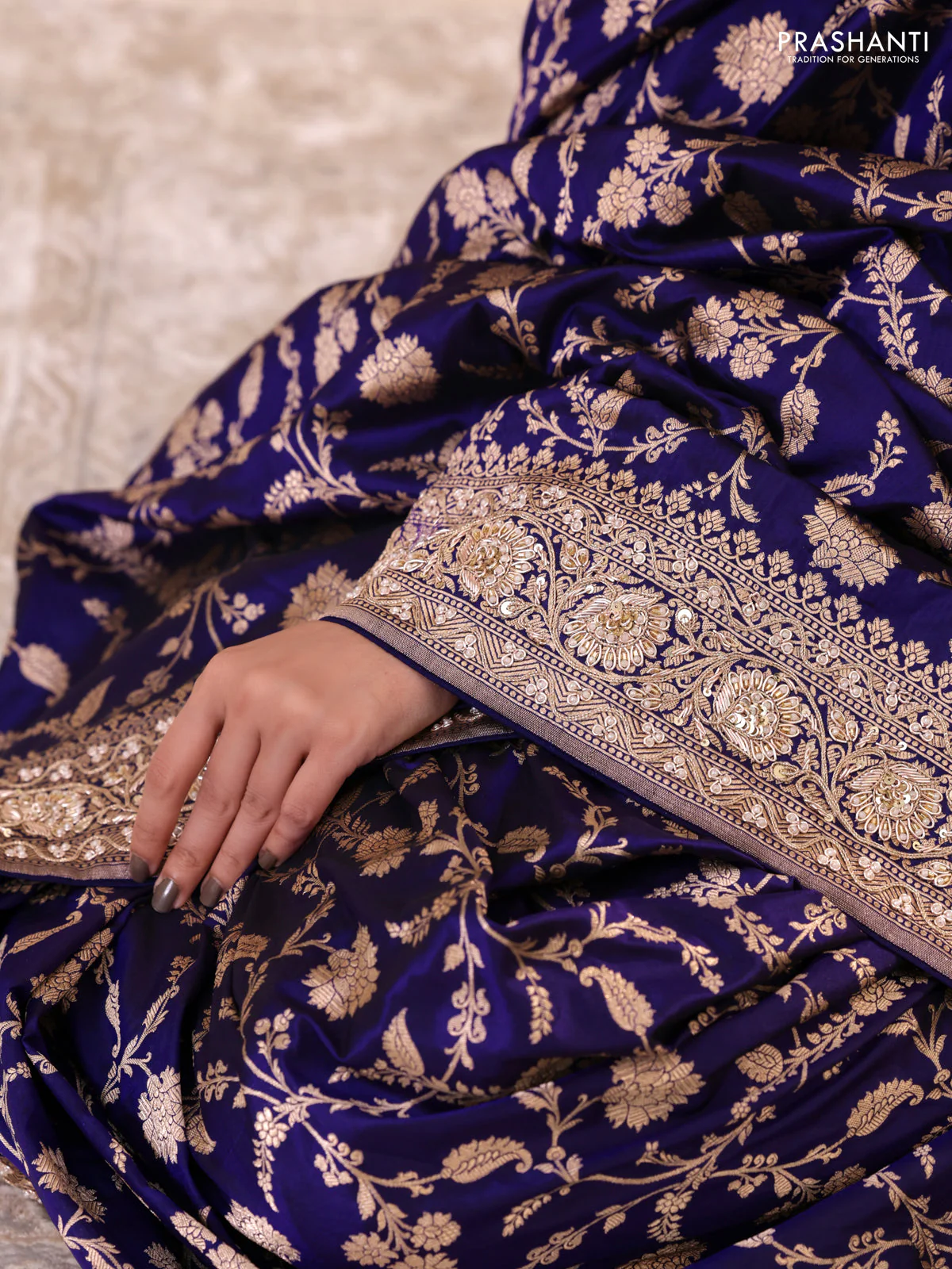 Blue Banarasi Uppada silk saree with allover zari weaves & embroidery border - Image 3