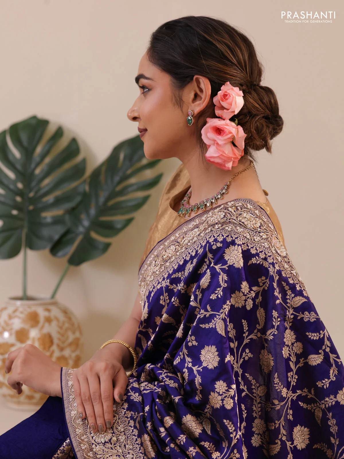Blue Banarasi Uppada silk saree with allover zari weaves & embroidery border - Image 4