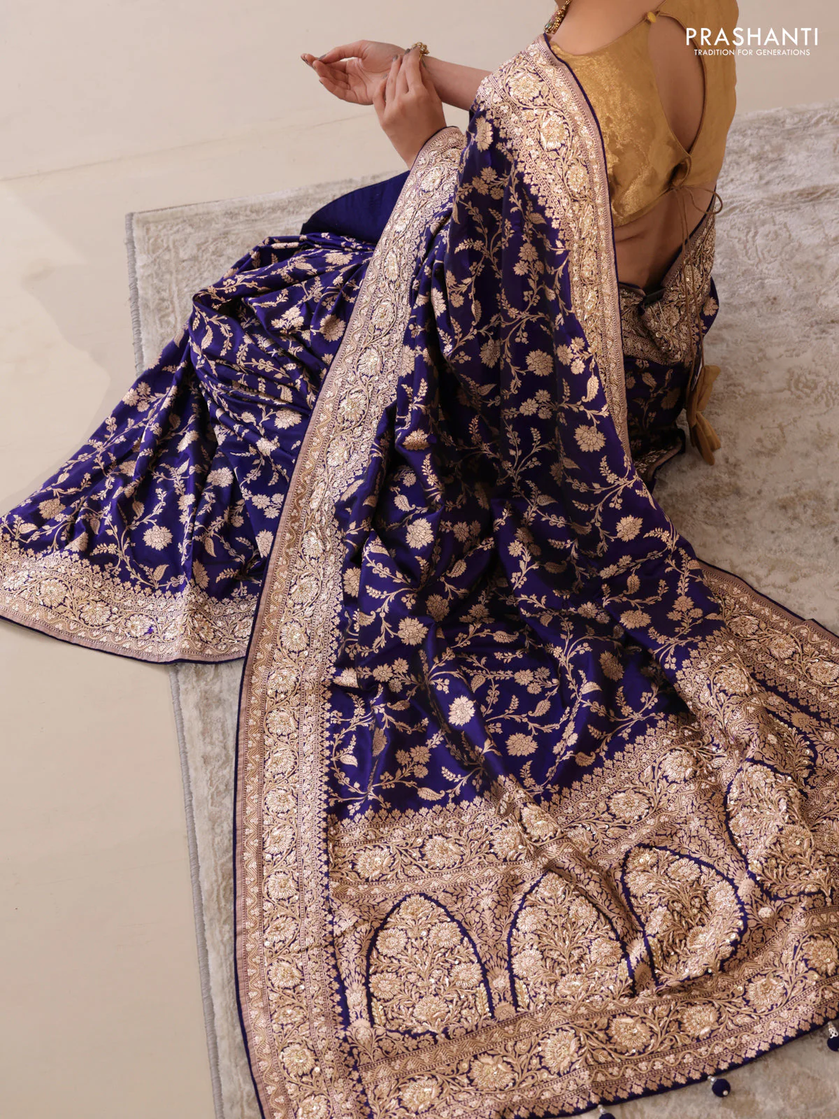 Blue Banarasi Uppada silk saree with allover zari weaves & embroidery border - Image 5