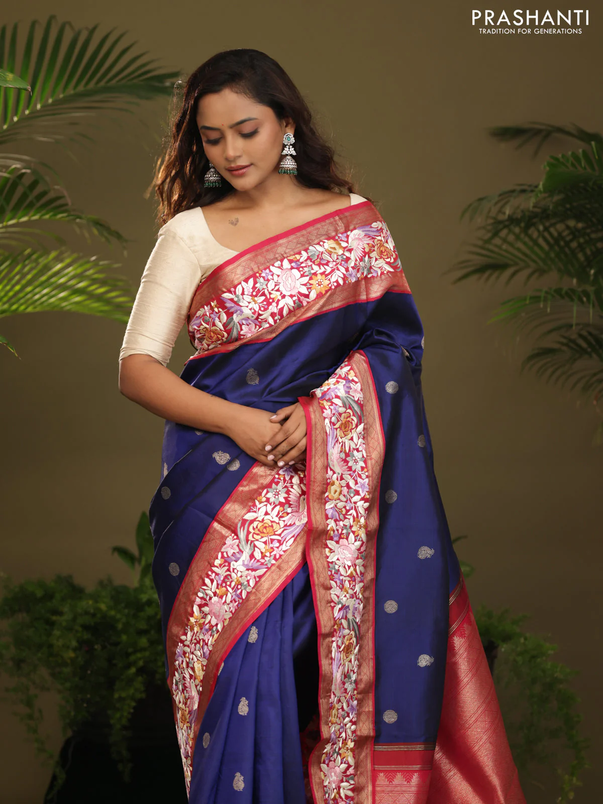 Blue & Pink Kanchipuram Silk Saree Parsi Work Embroidery border - Image 3