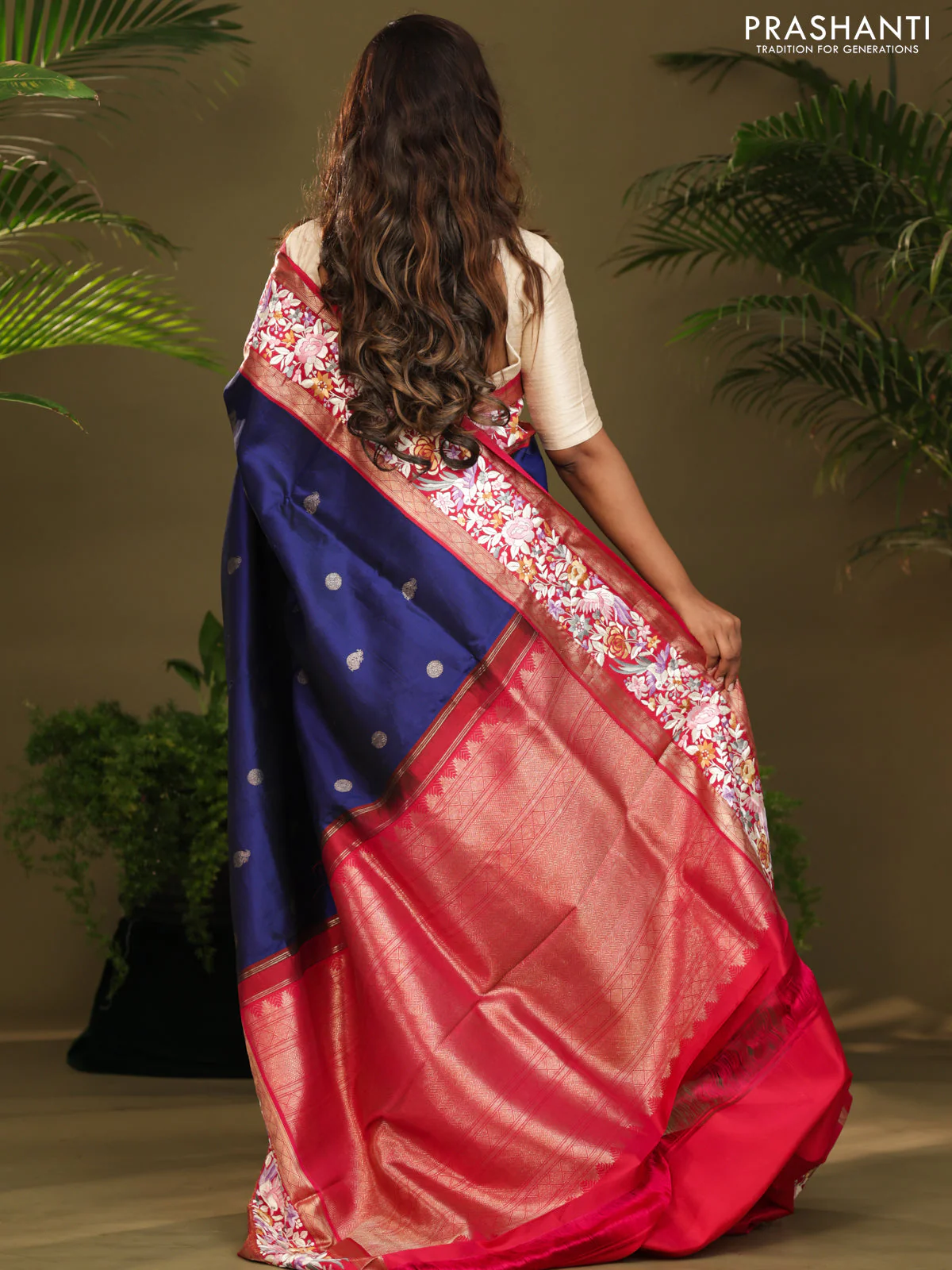 Blue & Pink Kanchipuram Silk Saree Parsi Work Embroidery border - Image 5