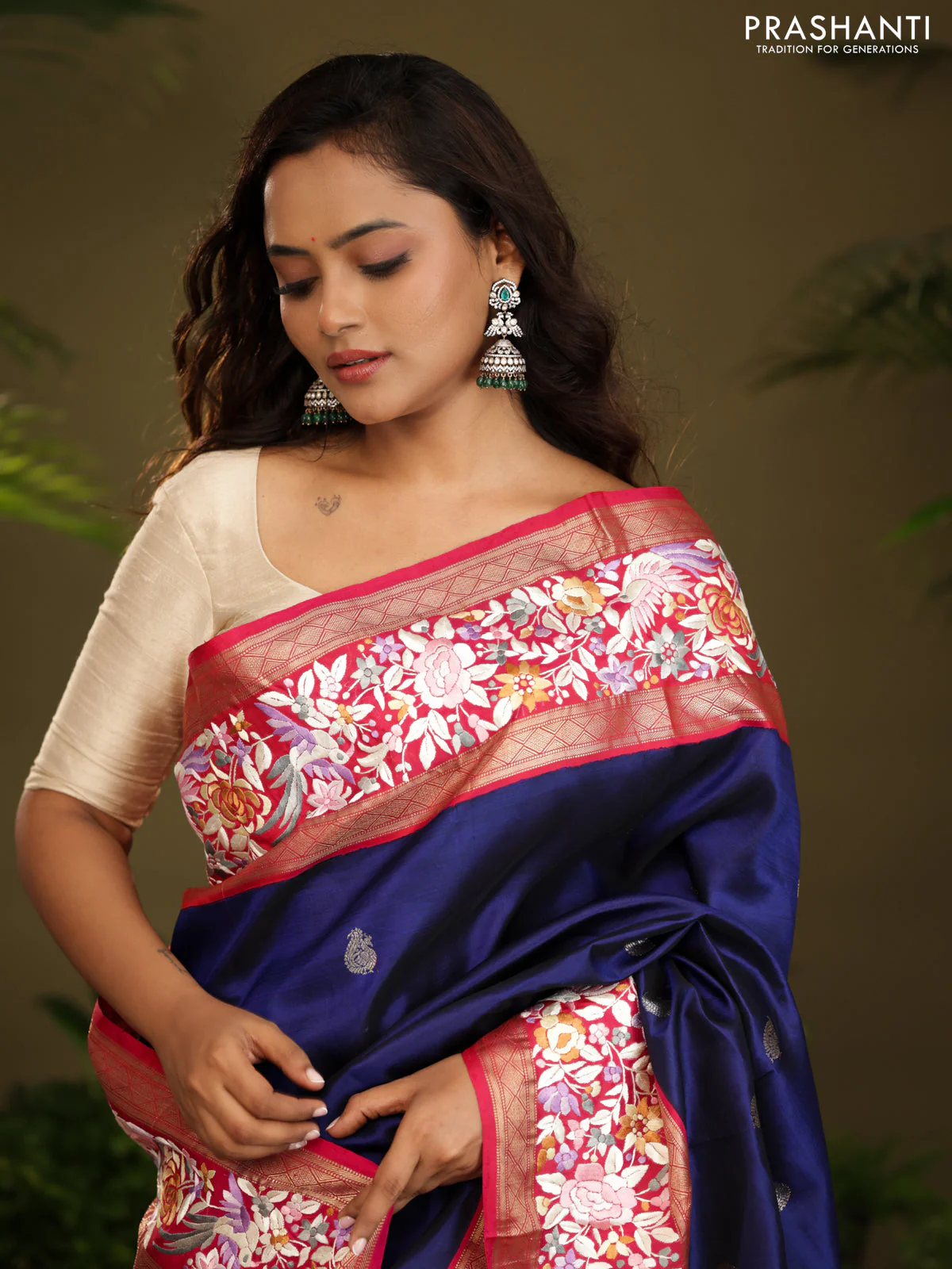 Blue & Pink Kanchipuram Silk Saree Parsi Work Embroidery border - Image 6