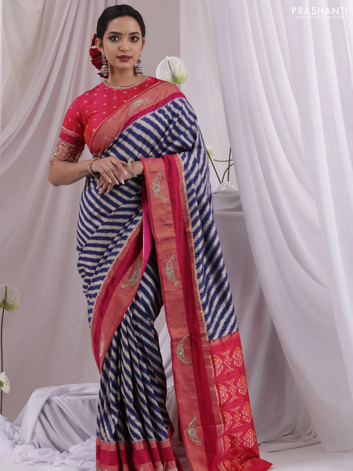 Blue & Pink Pochampally Silk saree with Border Embroidery & Readymade Blouse - Image 2