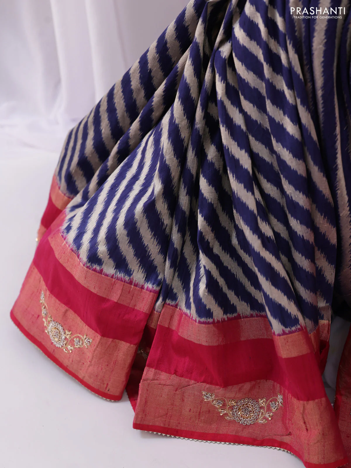 Blue & Pink Pochampally Silk saree with Border Embroidery & Readymade Blouse - Image 3