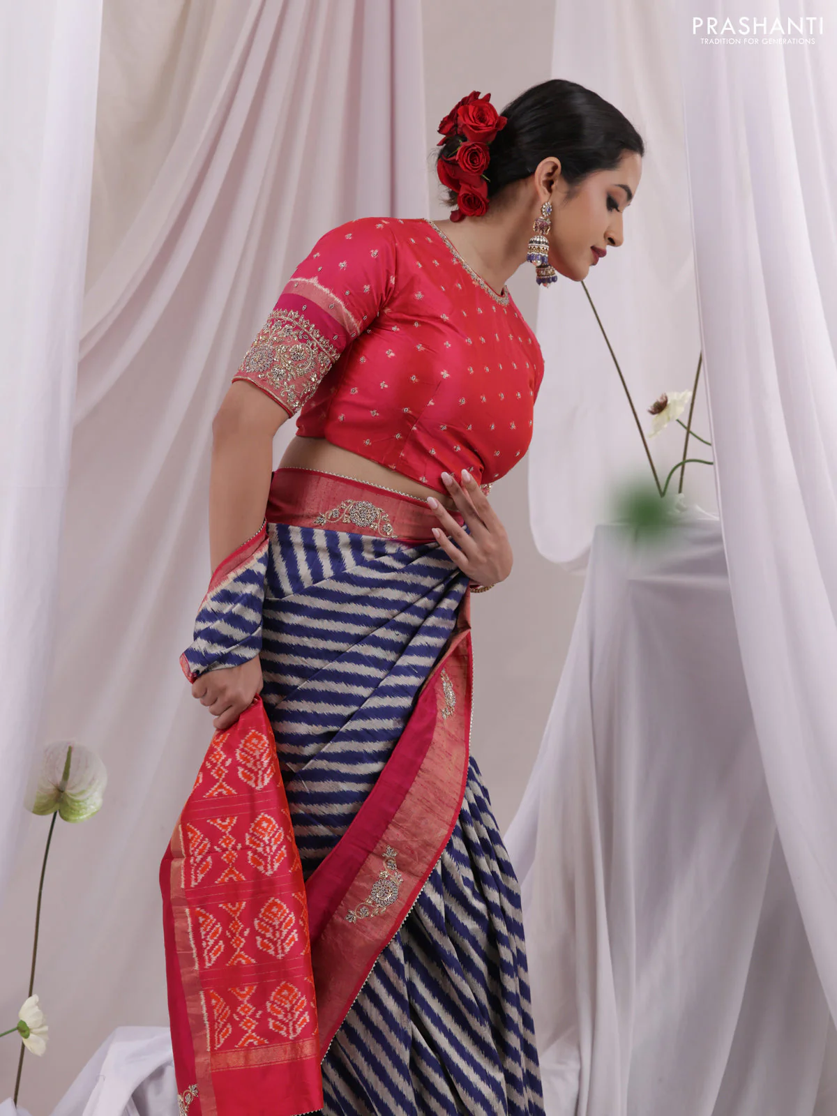 Blue & Pink Pochampally Silk saree with Border Embroidery & Readymade Blouse - Image 4