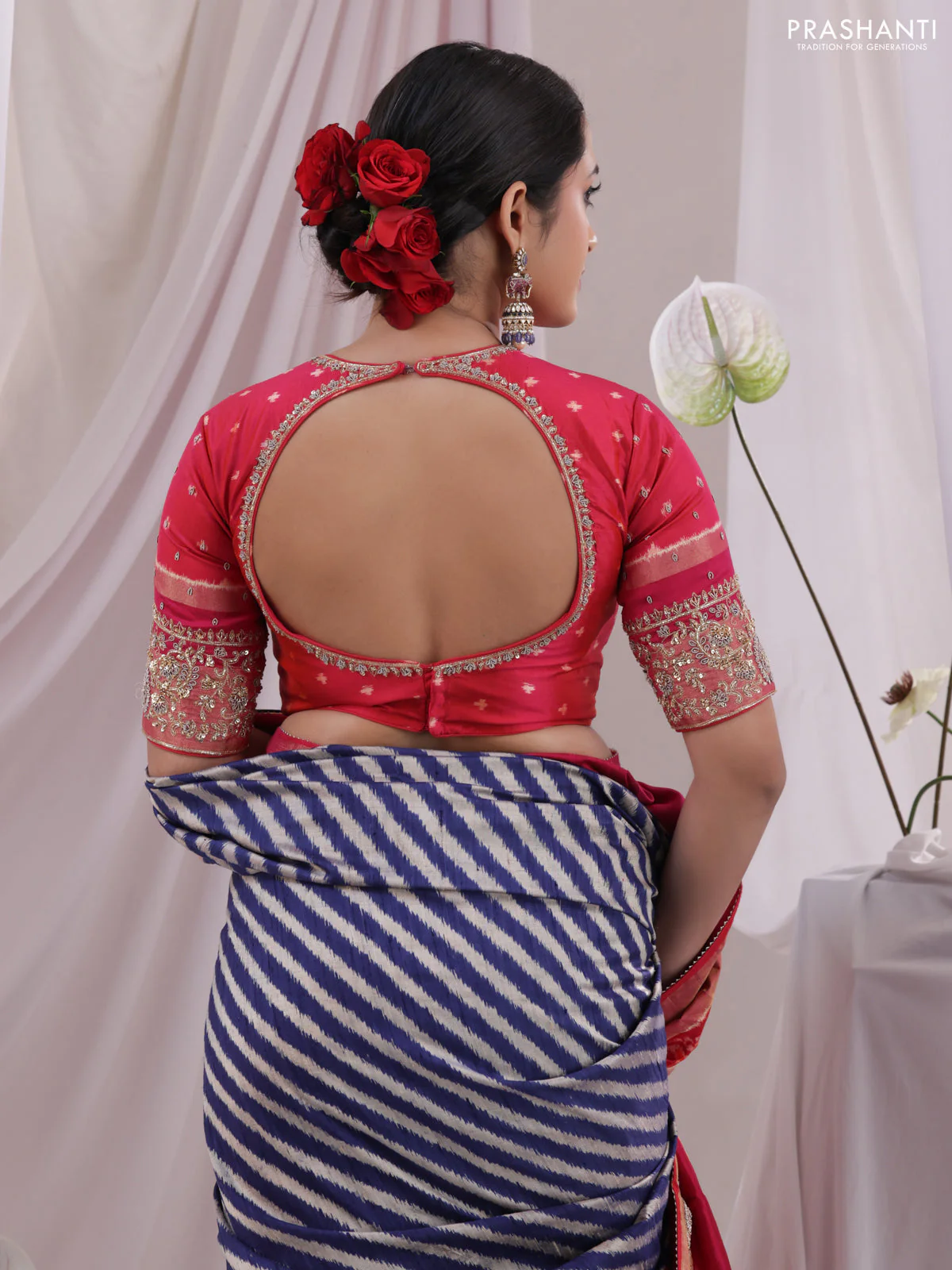 Blue & Pink Pochampally Silk saree with Border Embroidery & Readymade Blouse - Image 6
