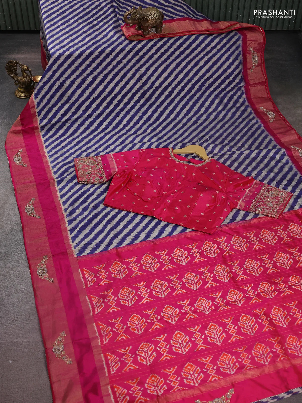 Blue & Pink Pochampally Silk saree with Border Embroidery & Readymade Blouse - Image 7