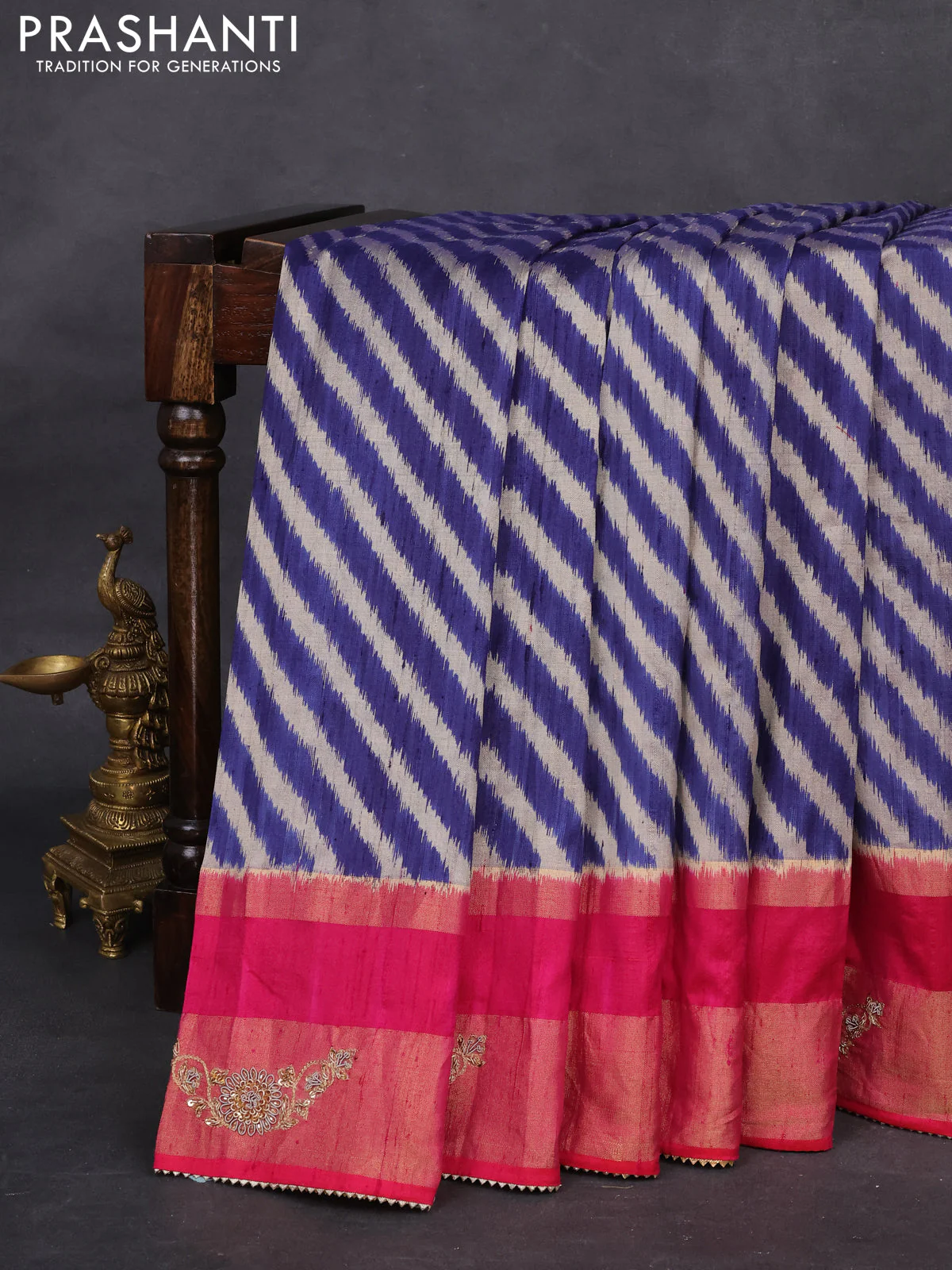 Blue & Pink Pochampally Silk saree with Border Embroidery & Readymade Blouse - Image 8