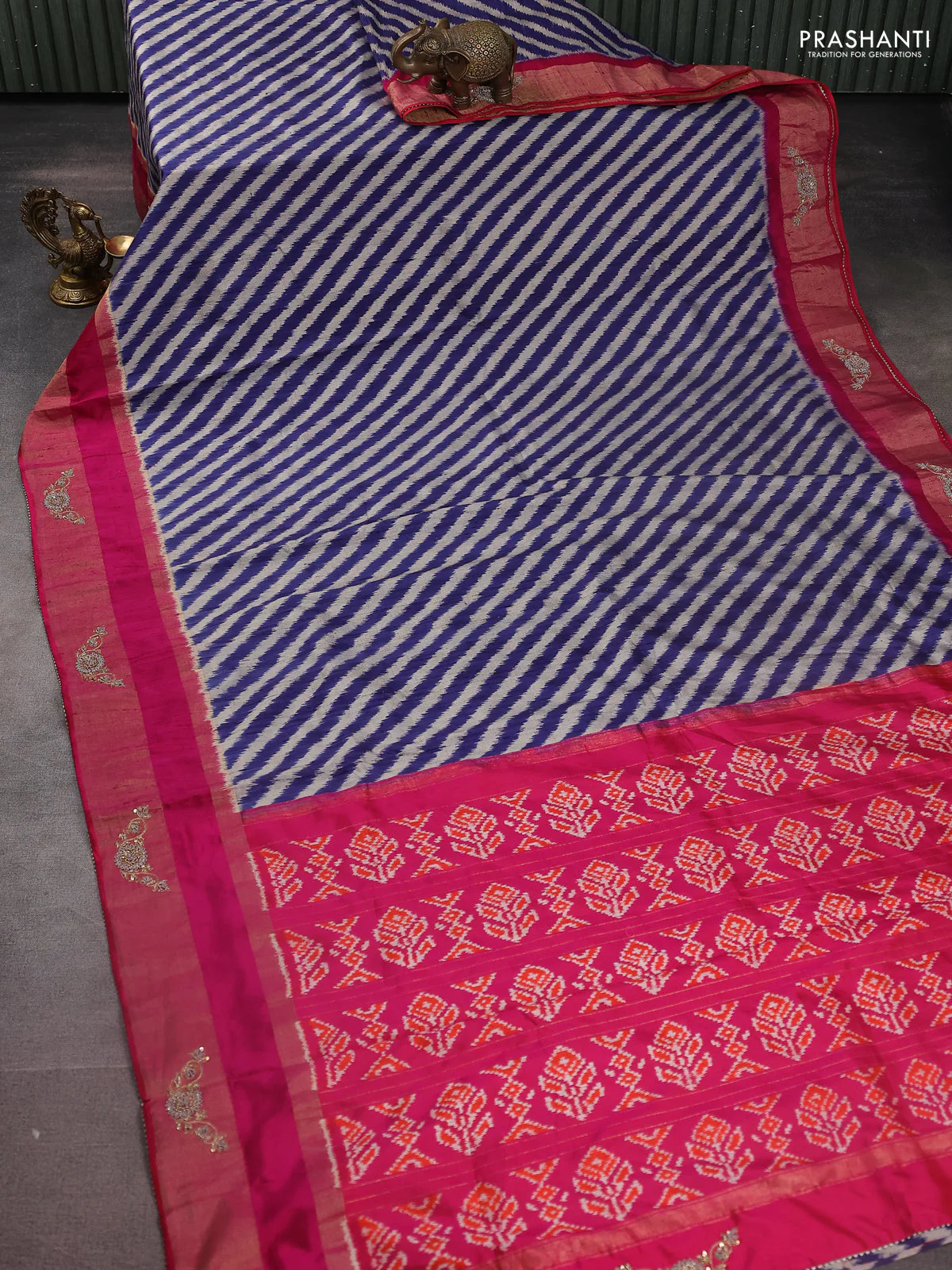 Blue & Pink Pochampally Silk saree with Border Embroidery & Readymade Blouse - Image 9