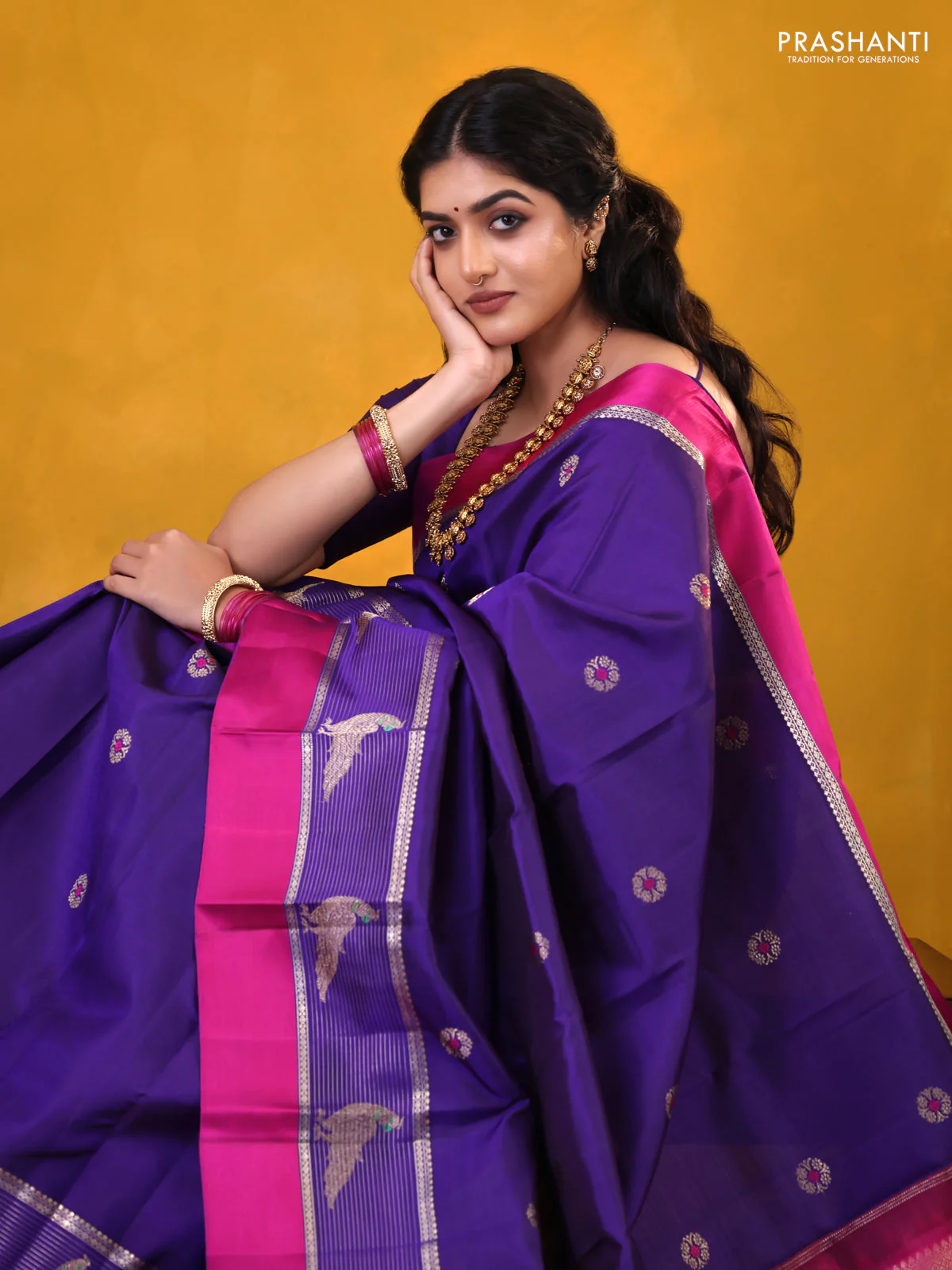 Blue-Pink Pure Kanchipuram silk saree With Zari buttas - Image 2