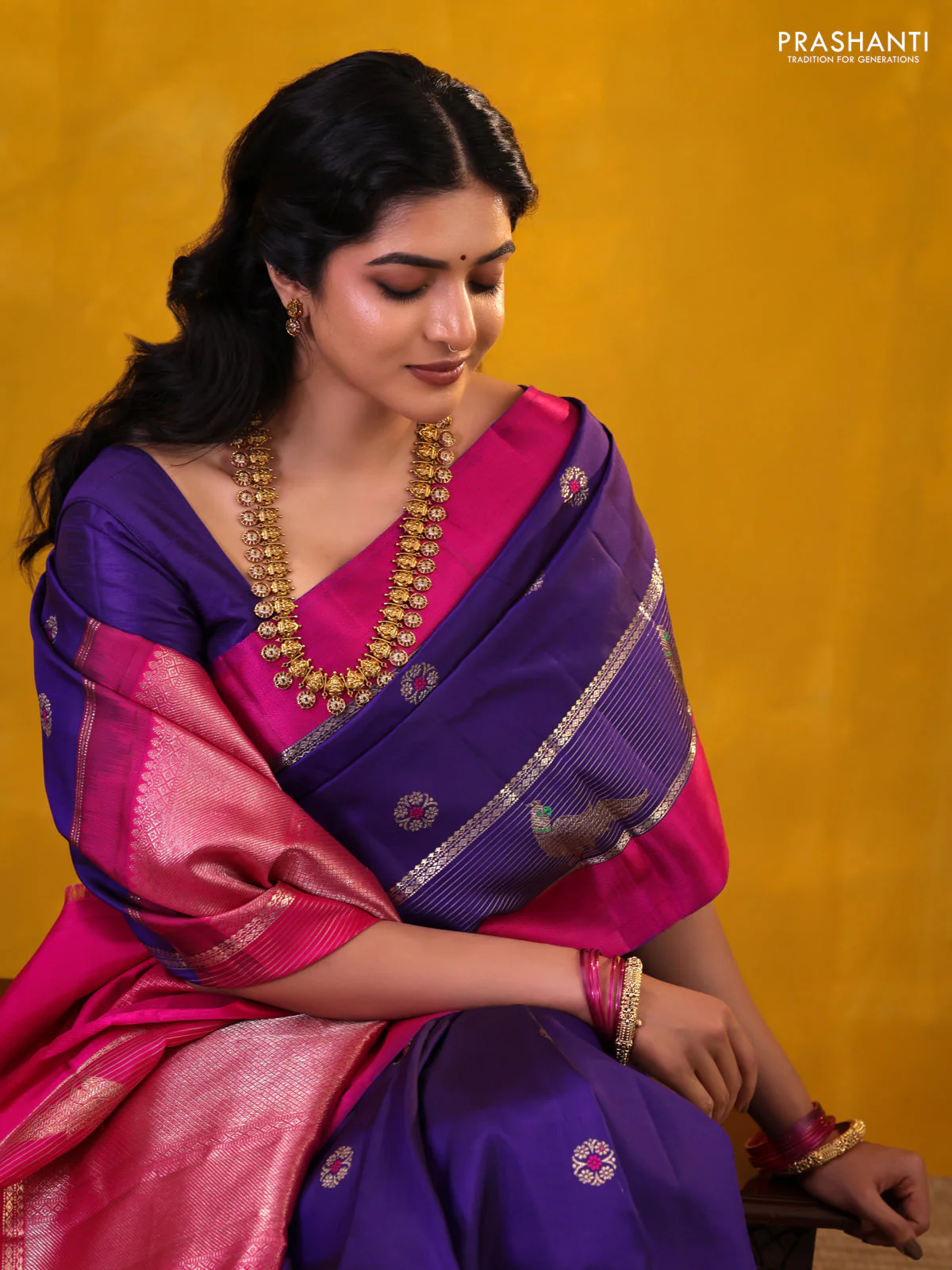 Blue-Pink Pure Kanchipuram silk saree With Zari buttas - Image 3