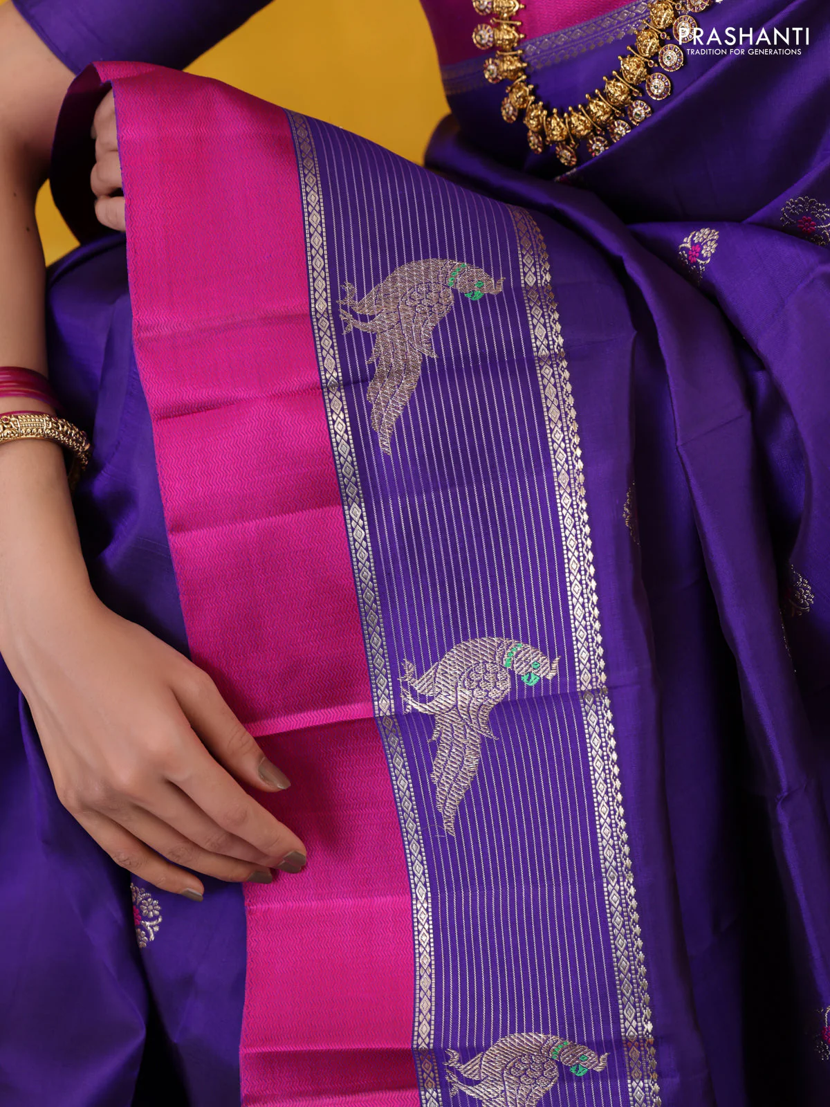 Blue-Pink Pure Kanchipuram silk saree With Zari buttas - Image 4