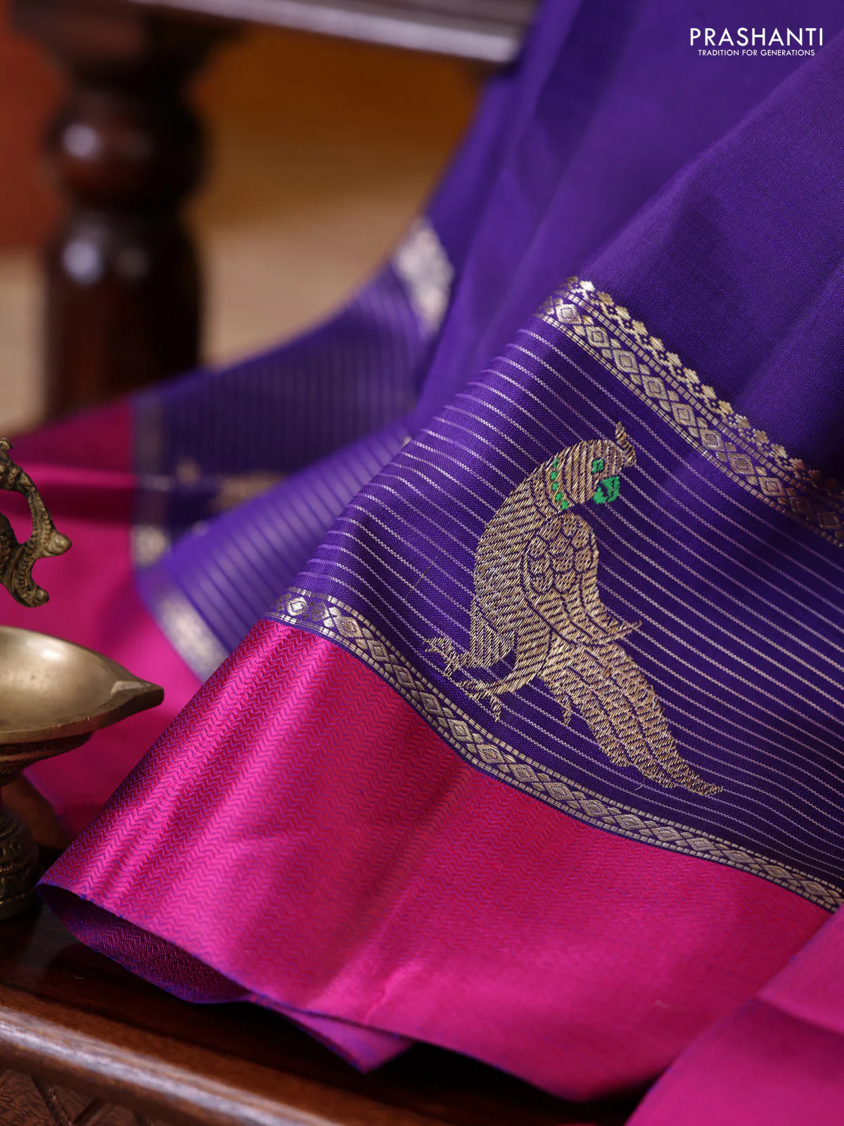 Blue-Pink Pure Kanchipuram silk saree With Zari buttas - Image 5