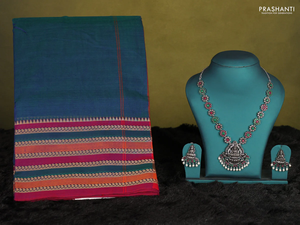 Bluish green narayanpet cotton saree with matching neck piece