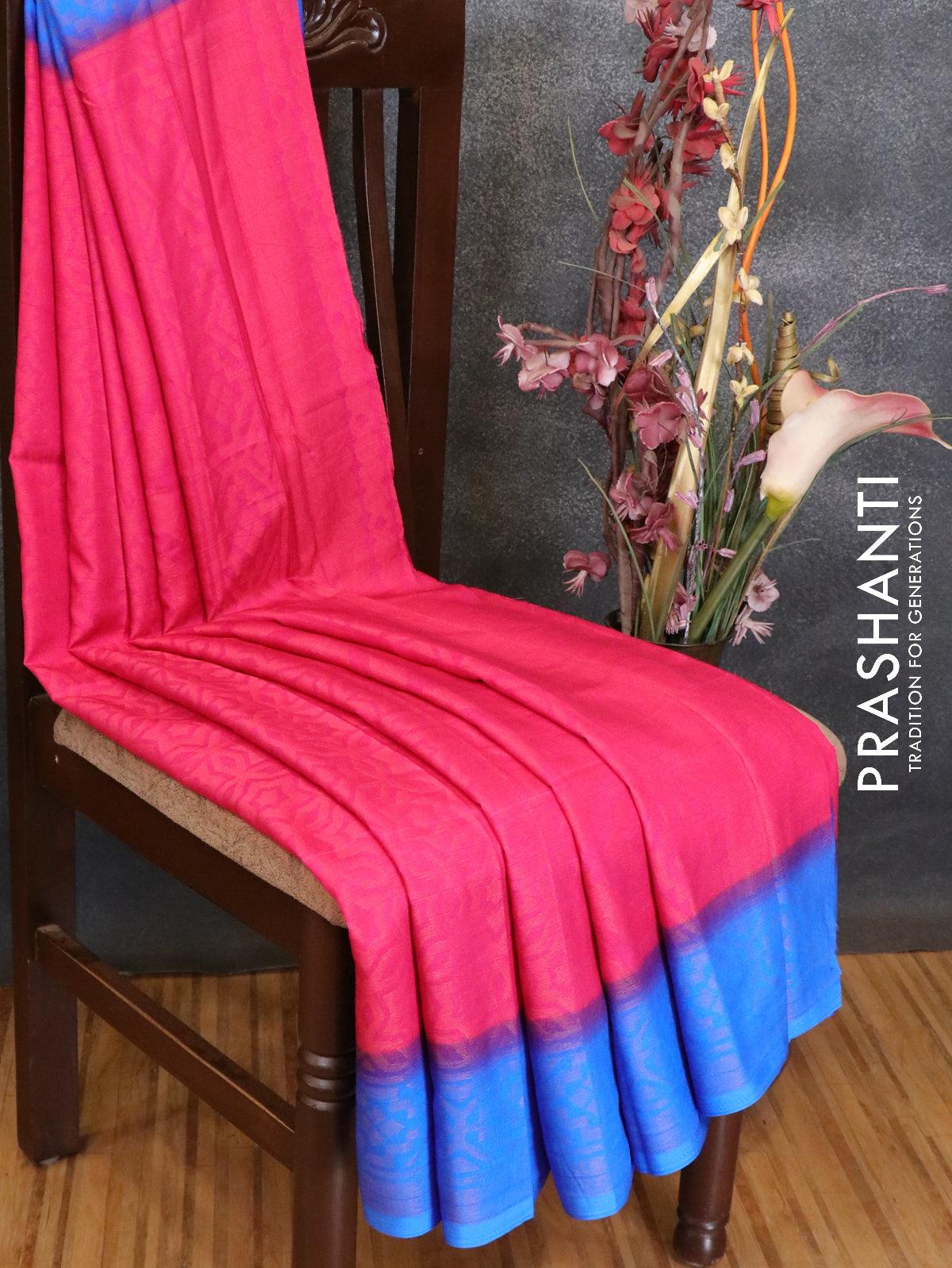 Brasso saree pink and blue with allover geometric weaves - Image 2