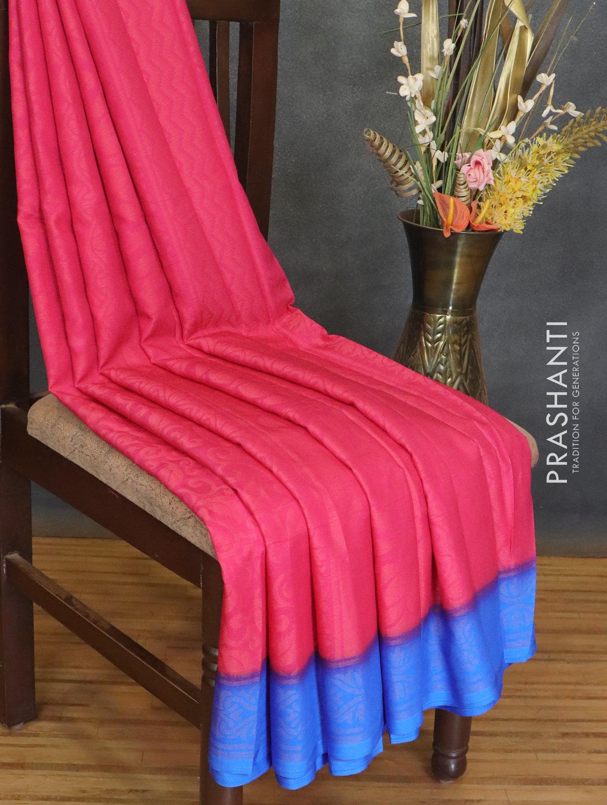 Brasso saree pink and royal blue with allover weaves - Image 2