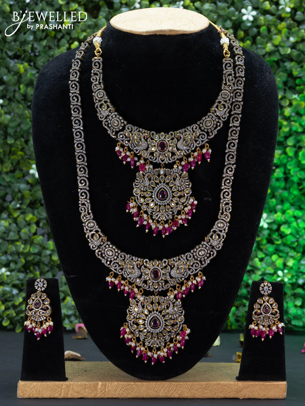 Bridal set peacock design with ruby & cz stones and beads hangings in victorian finish - Image 3
