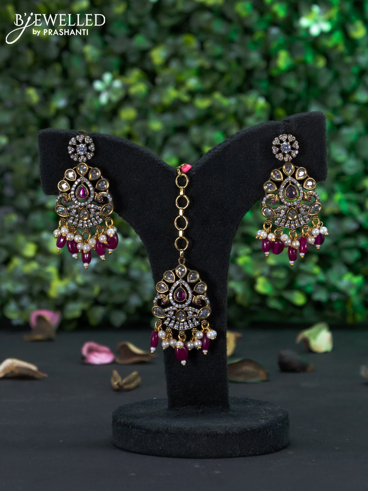 Bridal set peacock design with ruby & cz stones and beads hangings in victorian finish - Image 4