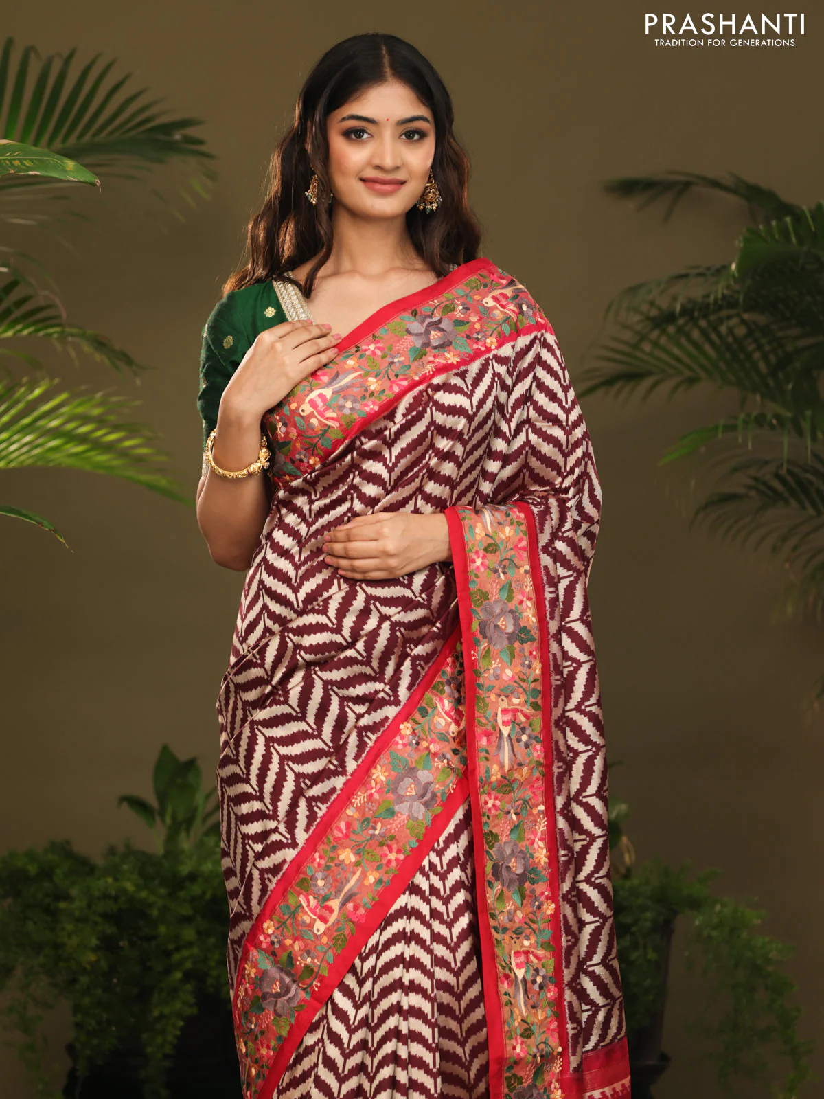 Brown & Pink Pochampally Silk saree with Border Embroidery & pichwai pallu - Image 2