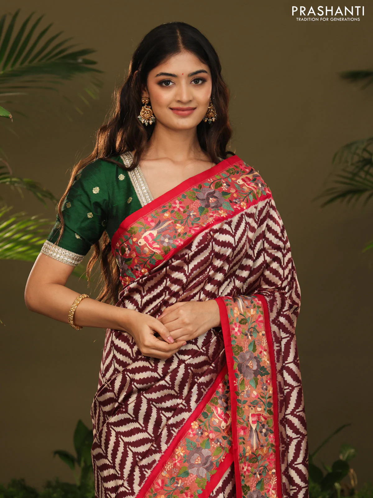 Brown & Pink Pochampally Silk saree with Border Embroidery & pichwai pallu - Image 4