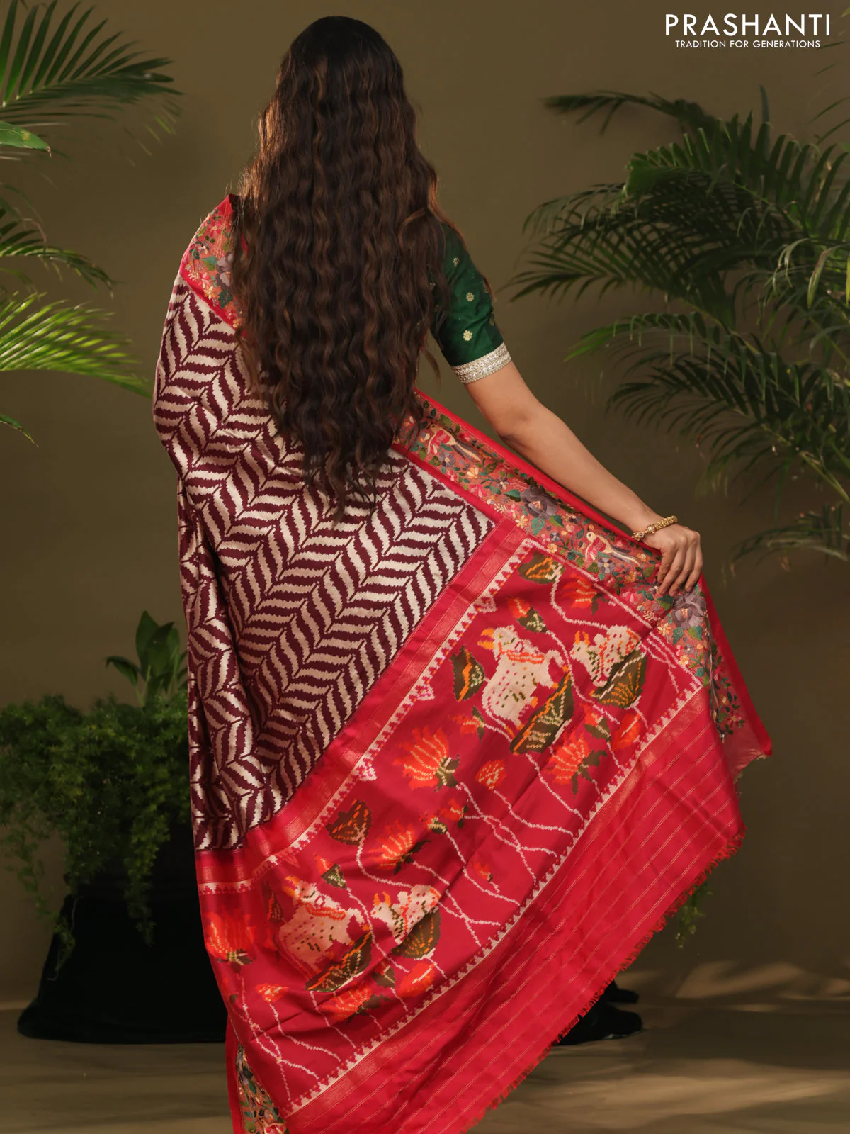 Brown & Pink Pochampally Silk saree with Border Embroidery & pichwai pallu - Image 5