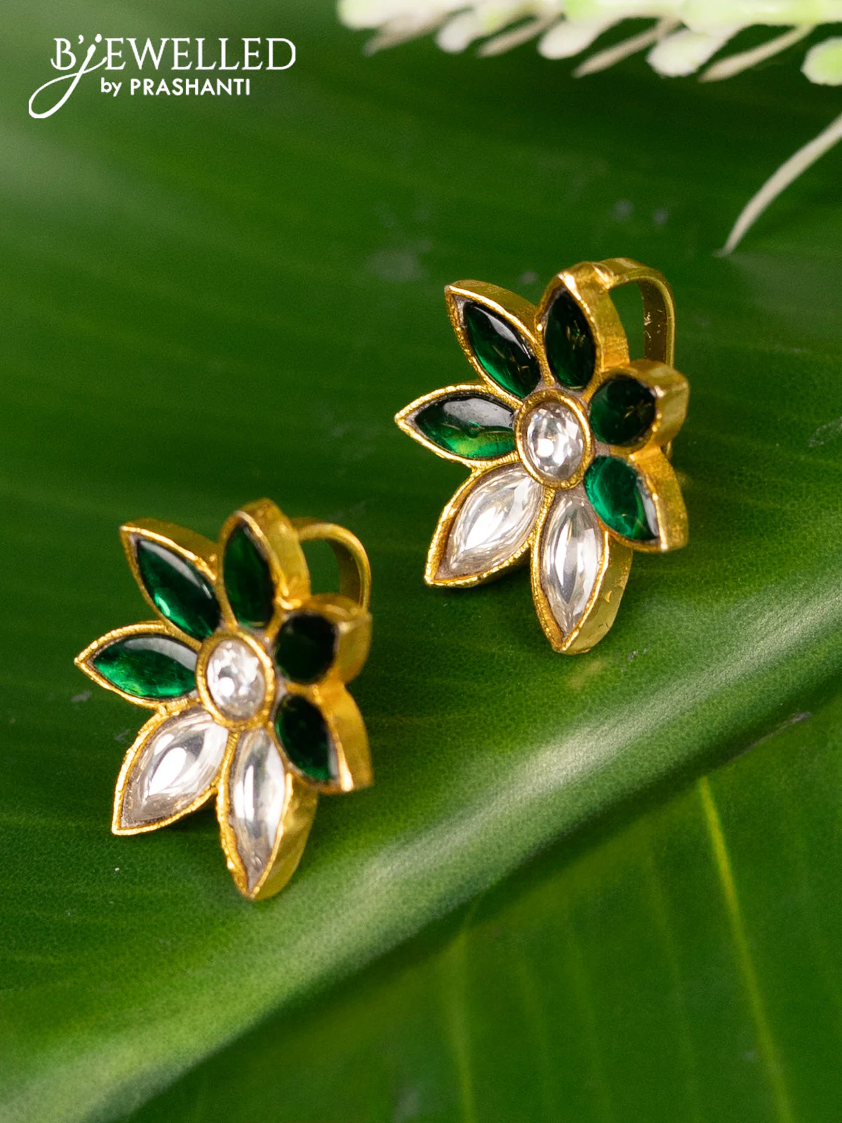Bugadi earrings floral design with green jadau kundan stones - Image 2