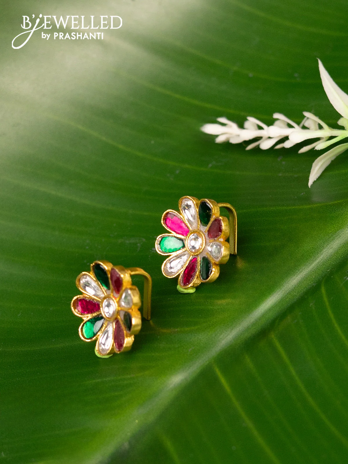 Bugadi earrings floral design with jadau kundan stones - Image 2