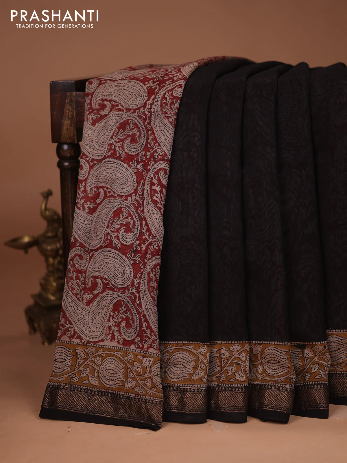 Chanderi bagru partly saree black and dark mustard with plain body and kalamkari printed pallu - Image 5