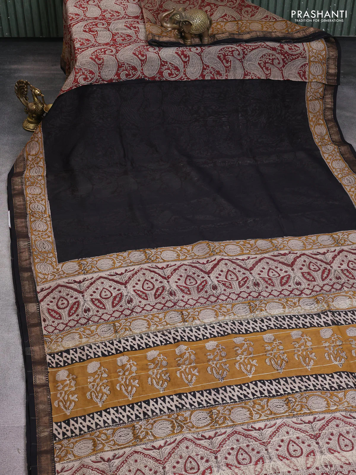 Chanderi bagru partly saree black and dark mustard with plain body and kalamkari printed pallu - Image 6