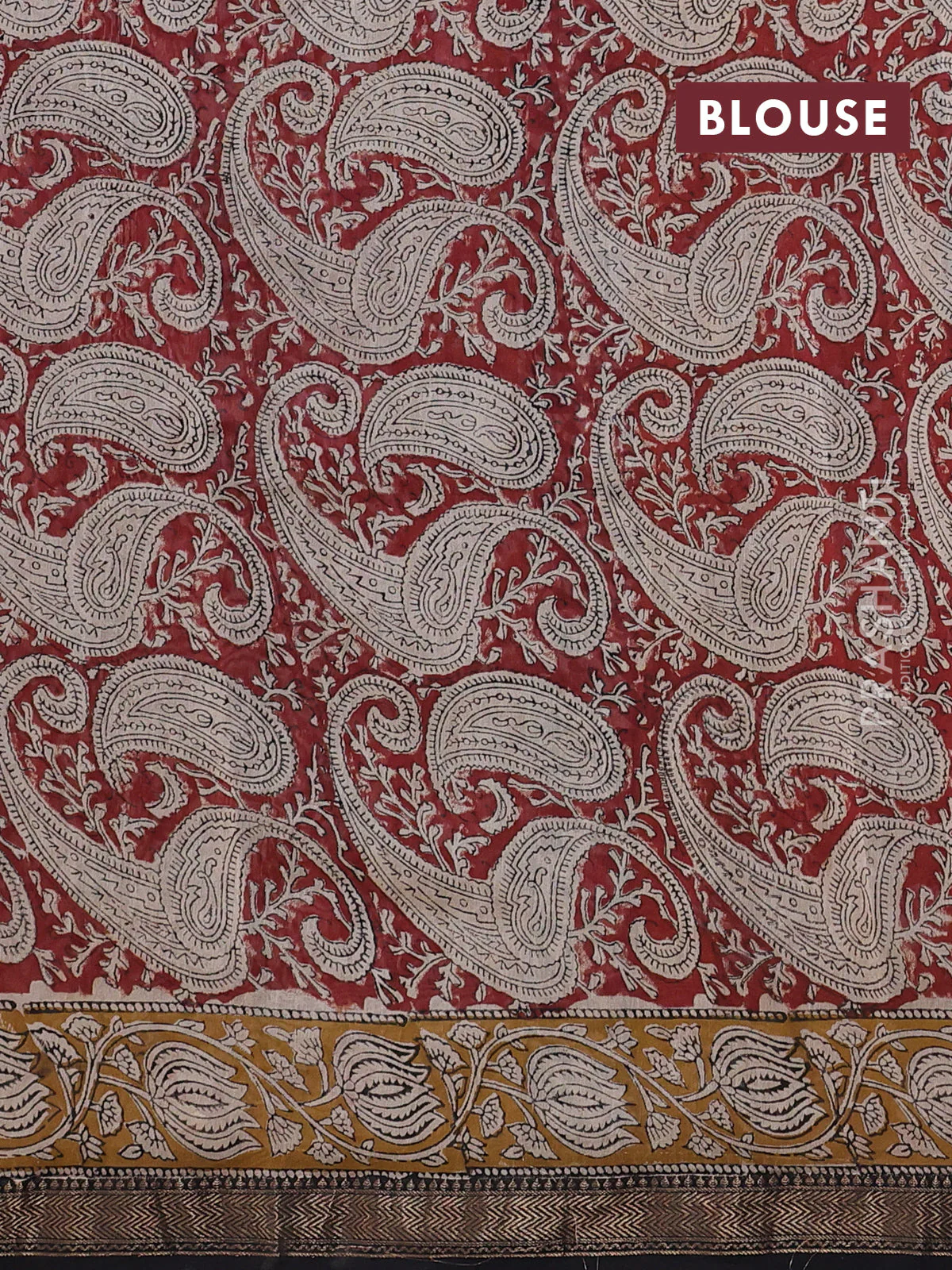 Chanderi bagru partly saree black and dark mustard with plain body and kalamkari printed pallu - Image 7