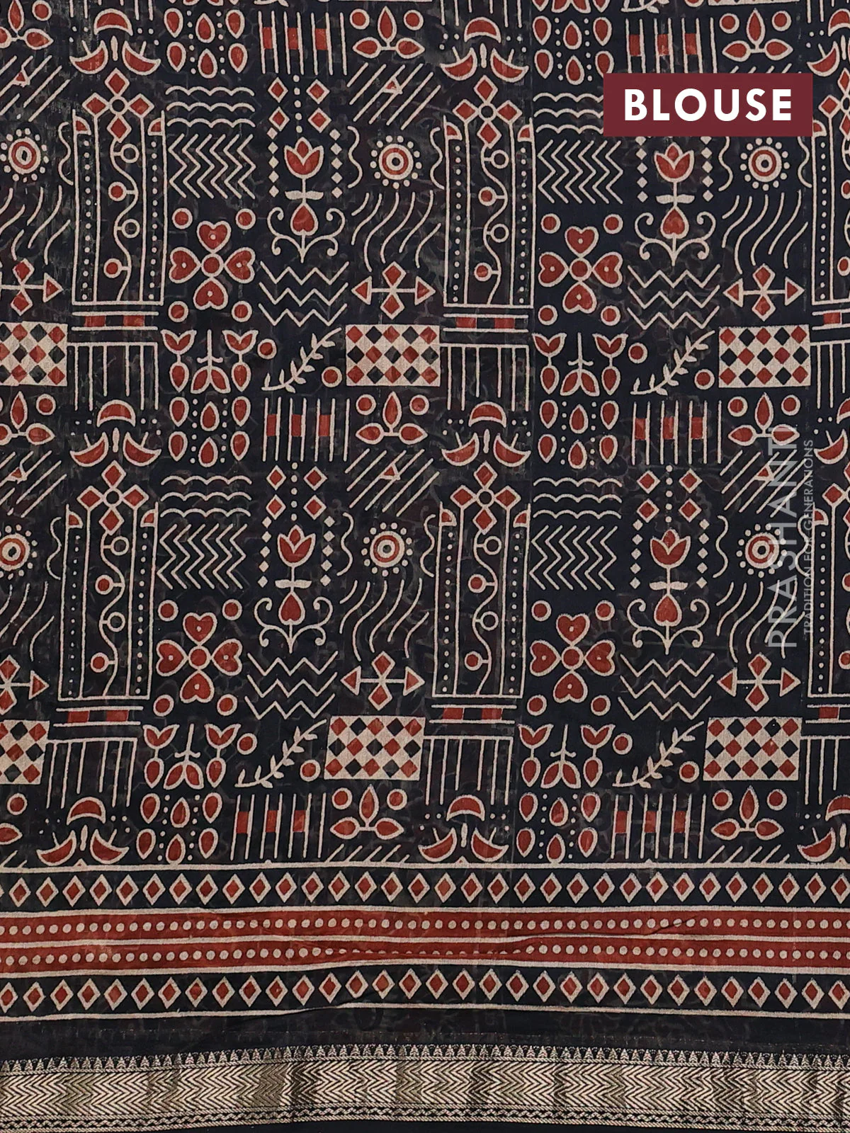 Chanderi bagru partly saree black with plain body and ajrakh printed pallu - Image 9