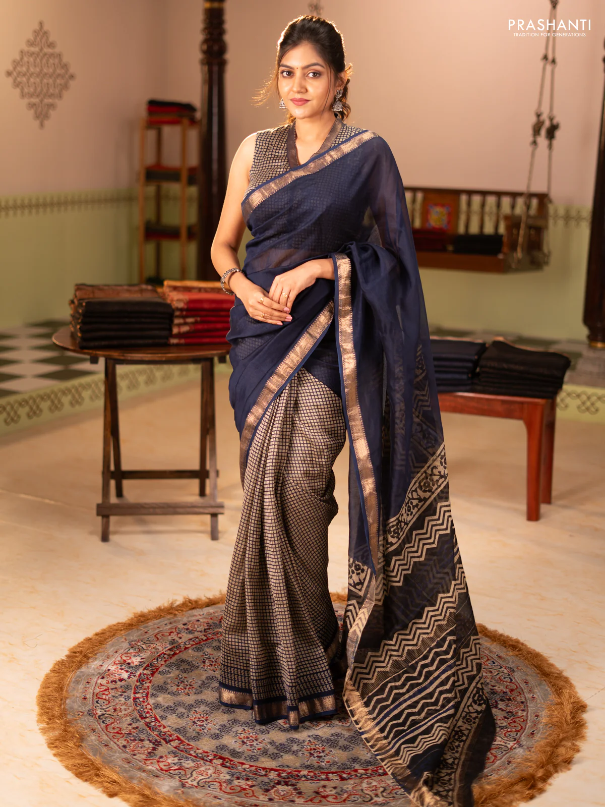 Chanderi bagru partly saree peacock blue and beige with plain body and kalamkari printed pallu