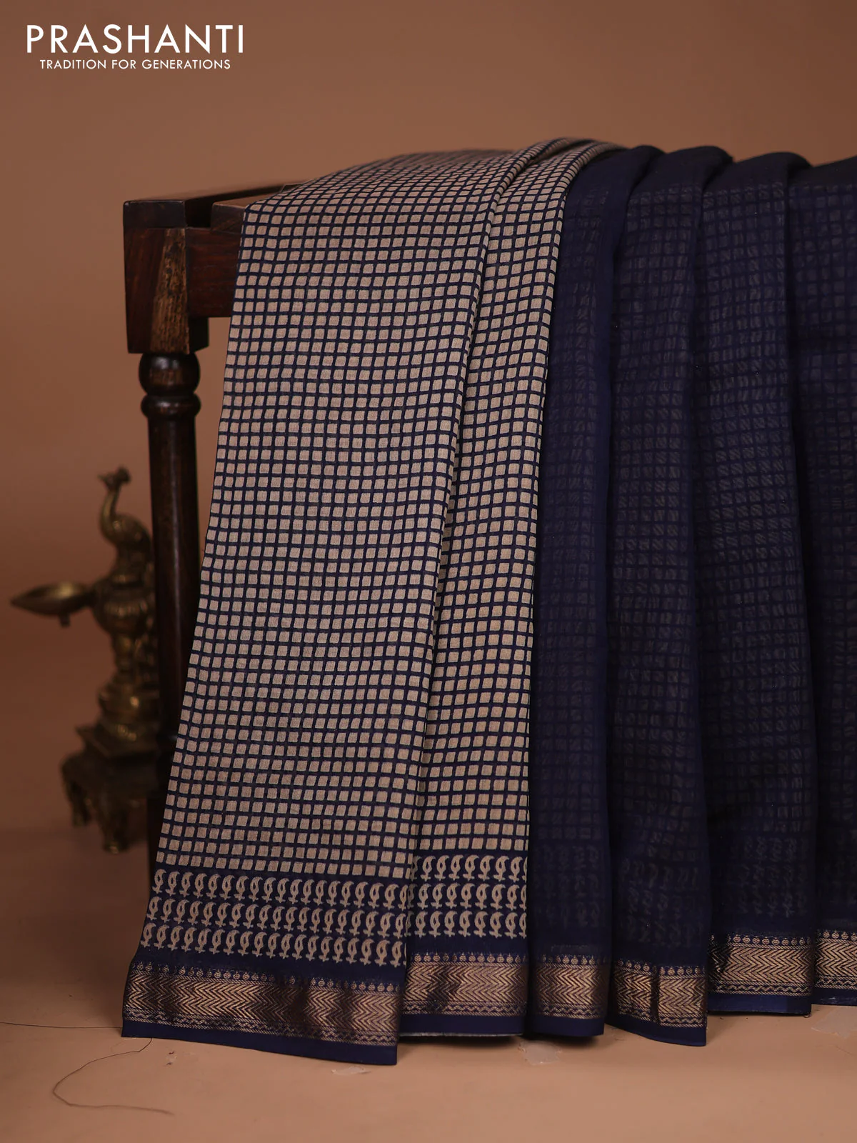 Chanderi bagru partly saree peacock blue and beige with plain body and kalamkari printed pallu - Image 6