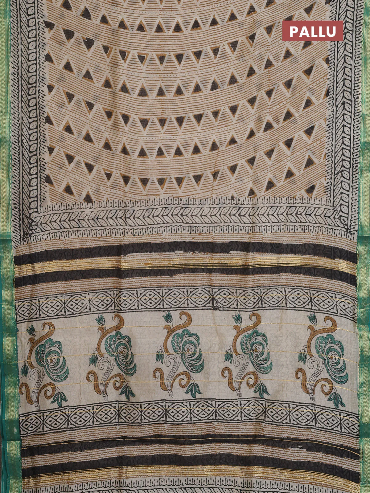 Chanderi bagru saree beige and teal green with allover geometric prints and maheshwari border - Image 3