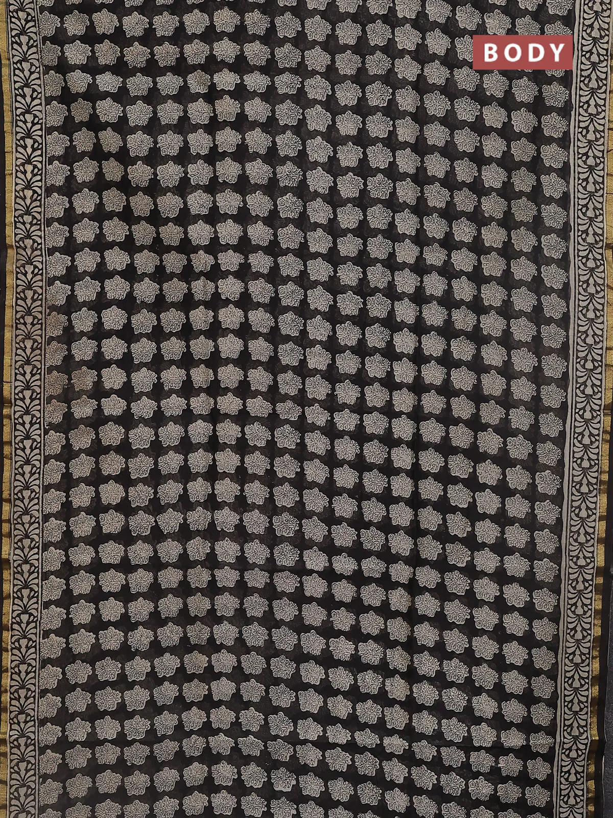Chanderi bagru saree black with allover floral prints and small zari woven border - Image 2