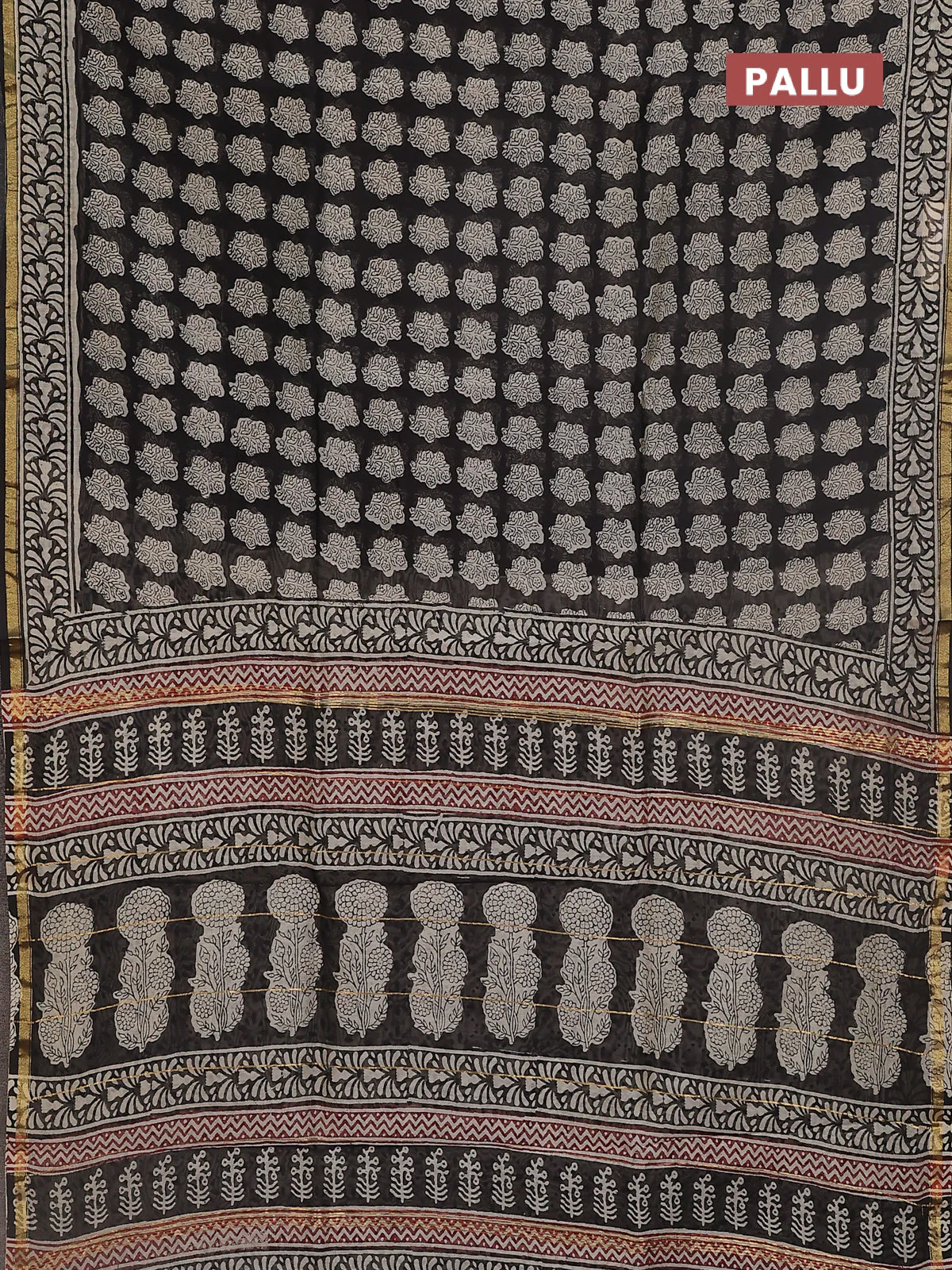 Chanderi bagru saree black with allover floral prints and small zari woven border - Image 3