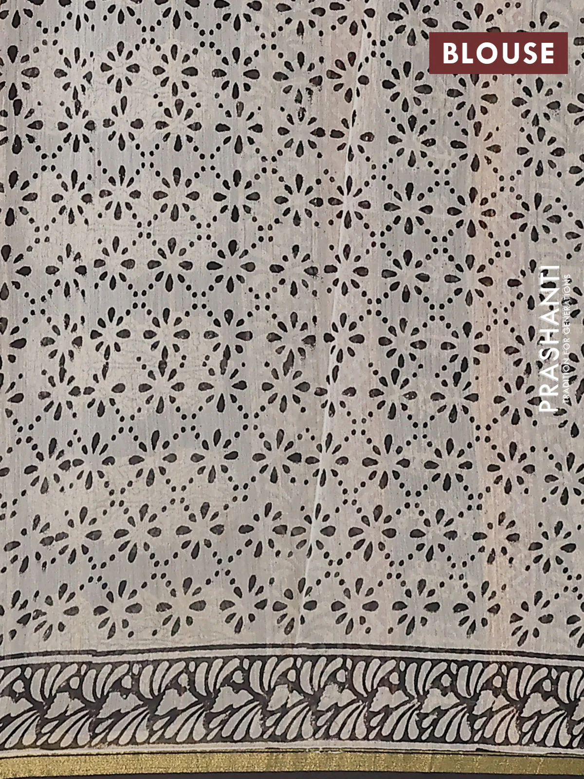 Chanderi bagru saree black with allover floral prints and small zari woven border - Image 4
