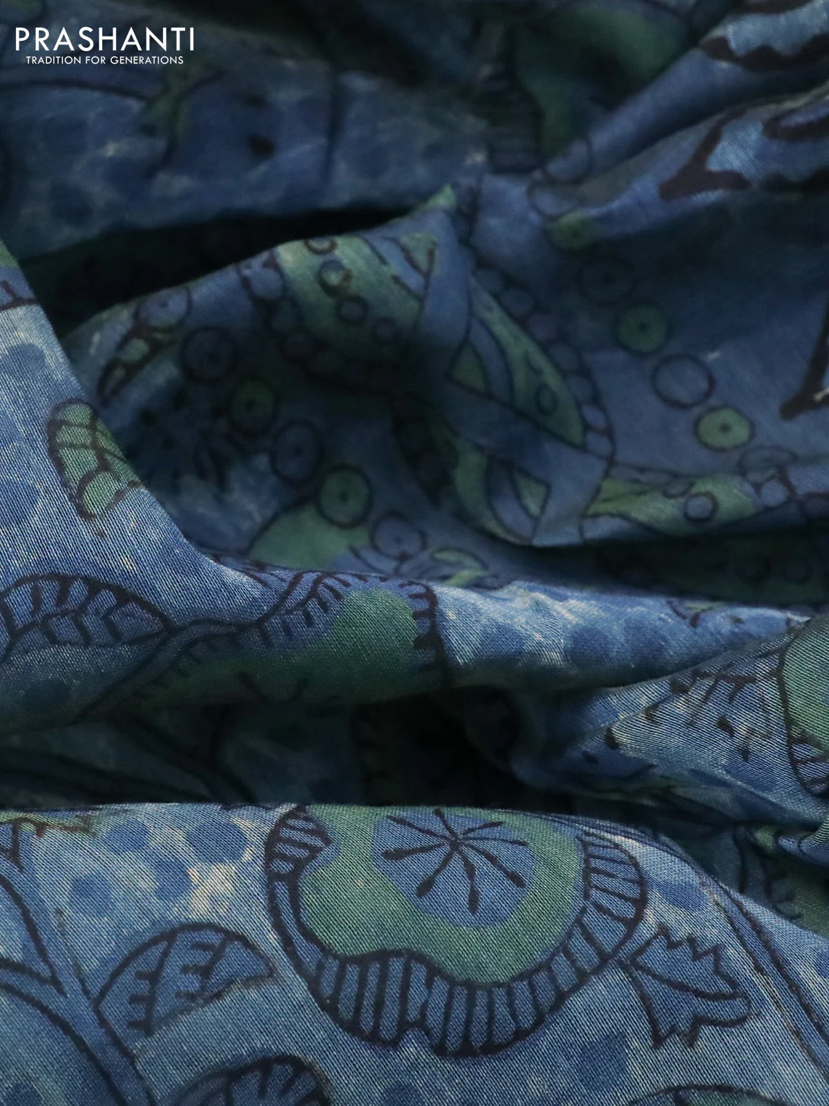 Chanderi bagru saree blue shade with allover kalamkari prints and small zari woven border - Image 10