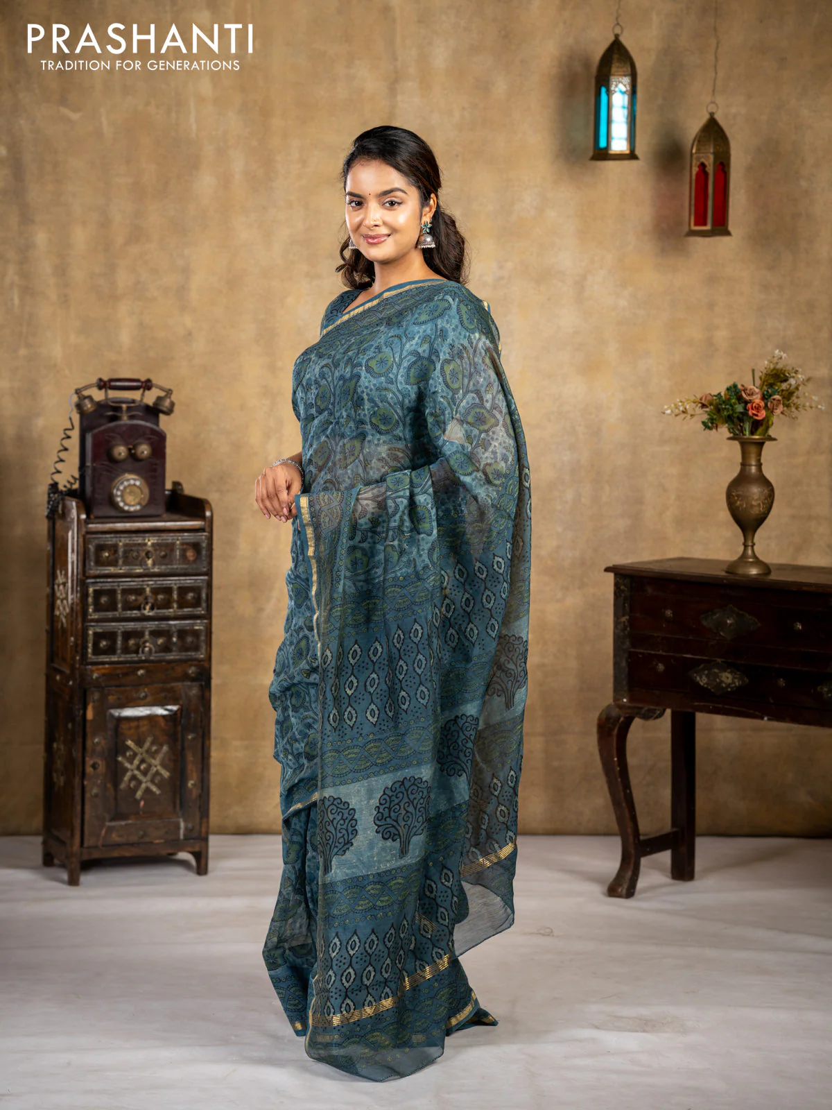 Chanderi bagru saree blue shade with allover kalamkari prints and small zari woven border - Image 2