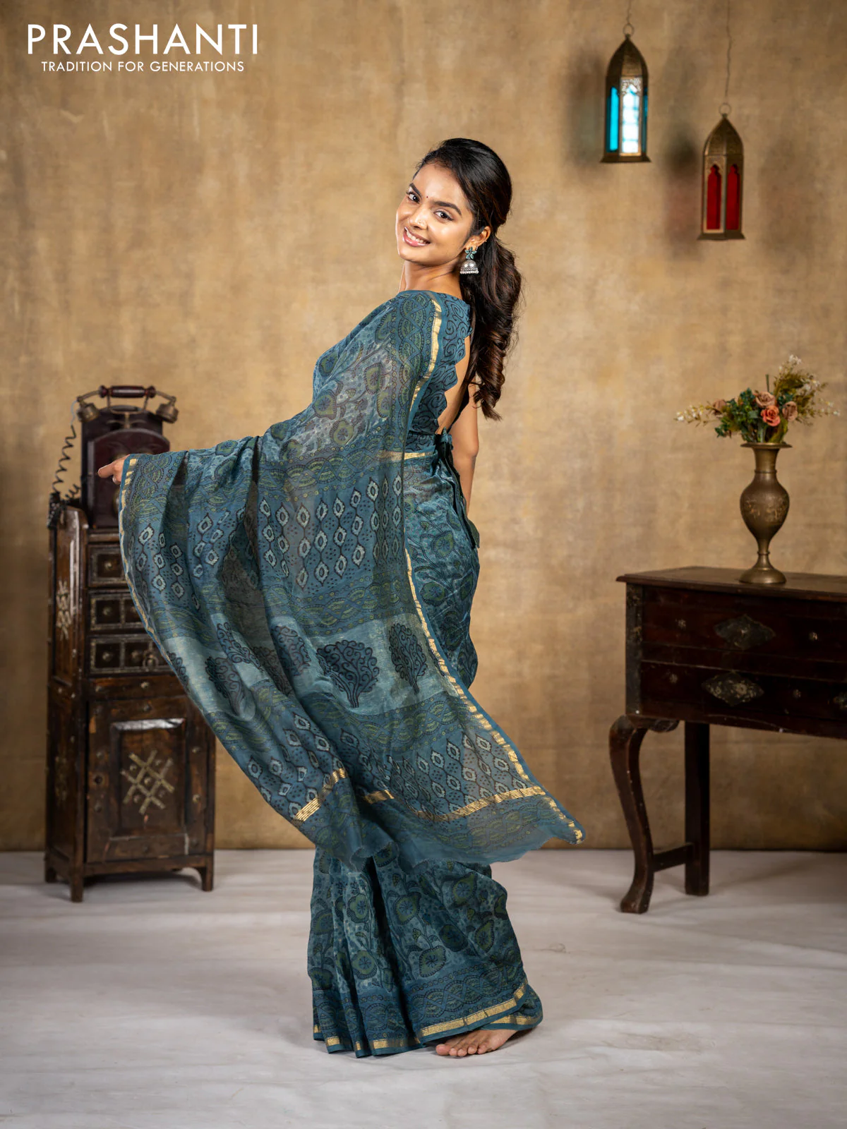 Chanderi bagru saree blue shade with allover kalamkari prints and small zari woven border - Image 3