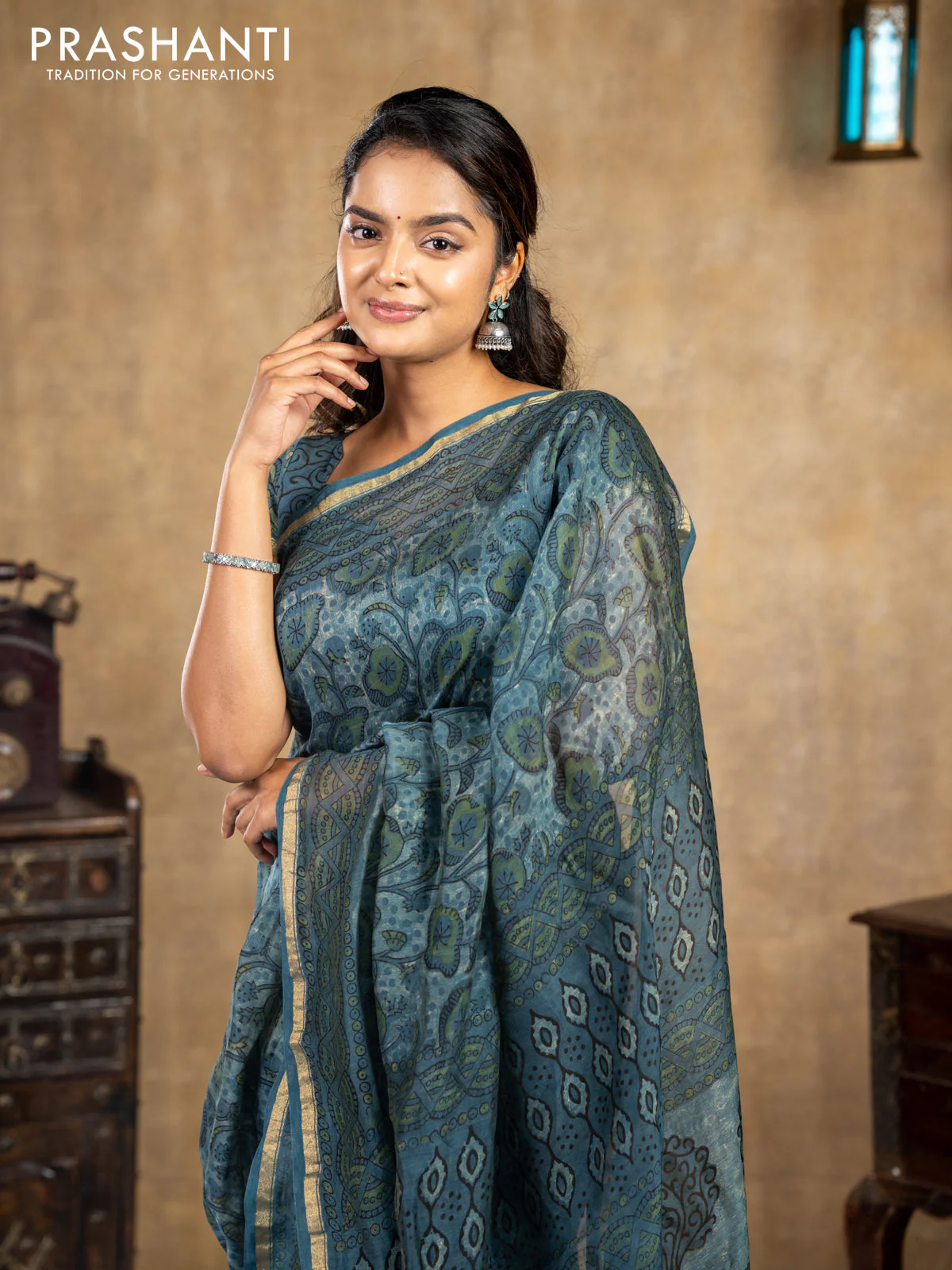 Chanderi bagru saree blue shade with allover kalamkari prints and small zari woven border - Image 4