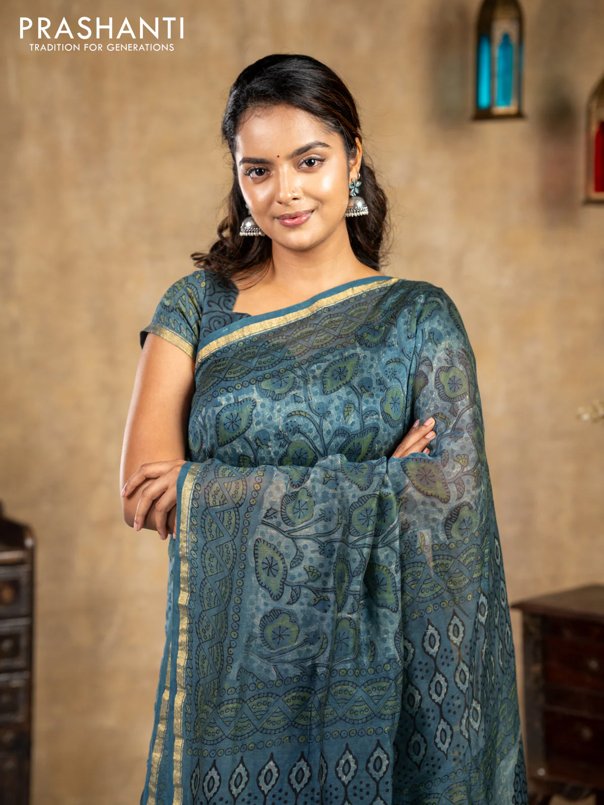 Chanderi bagru saree blue shade with allover kalamkari prints and small zari woven border - Image 5
